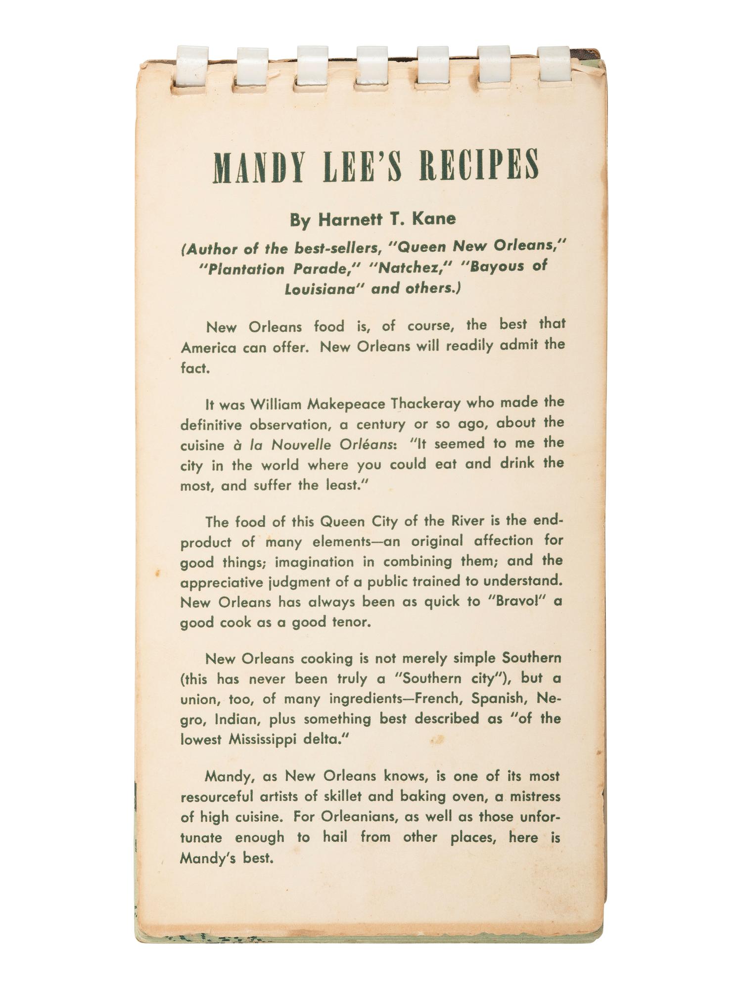 [AFRICAN AMERICANA - COOKBOOKS]. PREVOST, Ruth (1917-1954). Mandy Lee's Recipes for Good New Orleans Dishes . [Louisiana]: N.p., ca 1950-1954.