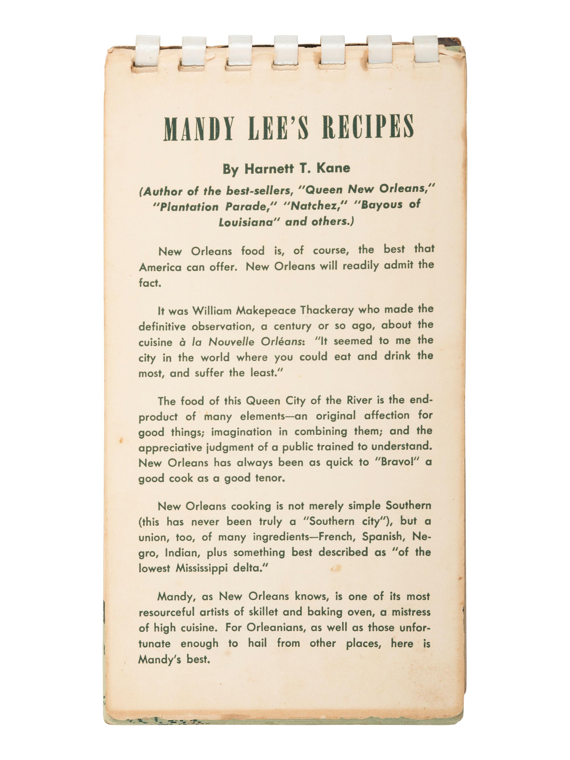 [AFRICAN AMERICANA - COOKBOOKS]. PREVOST, Ruth (1917-1954). Mandy Lee's Recipes for Good New Orleans Dishes . [Louisiana]: N.p., ca 1950-1954.