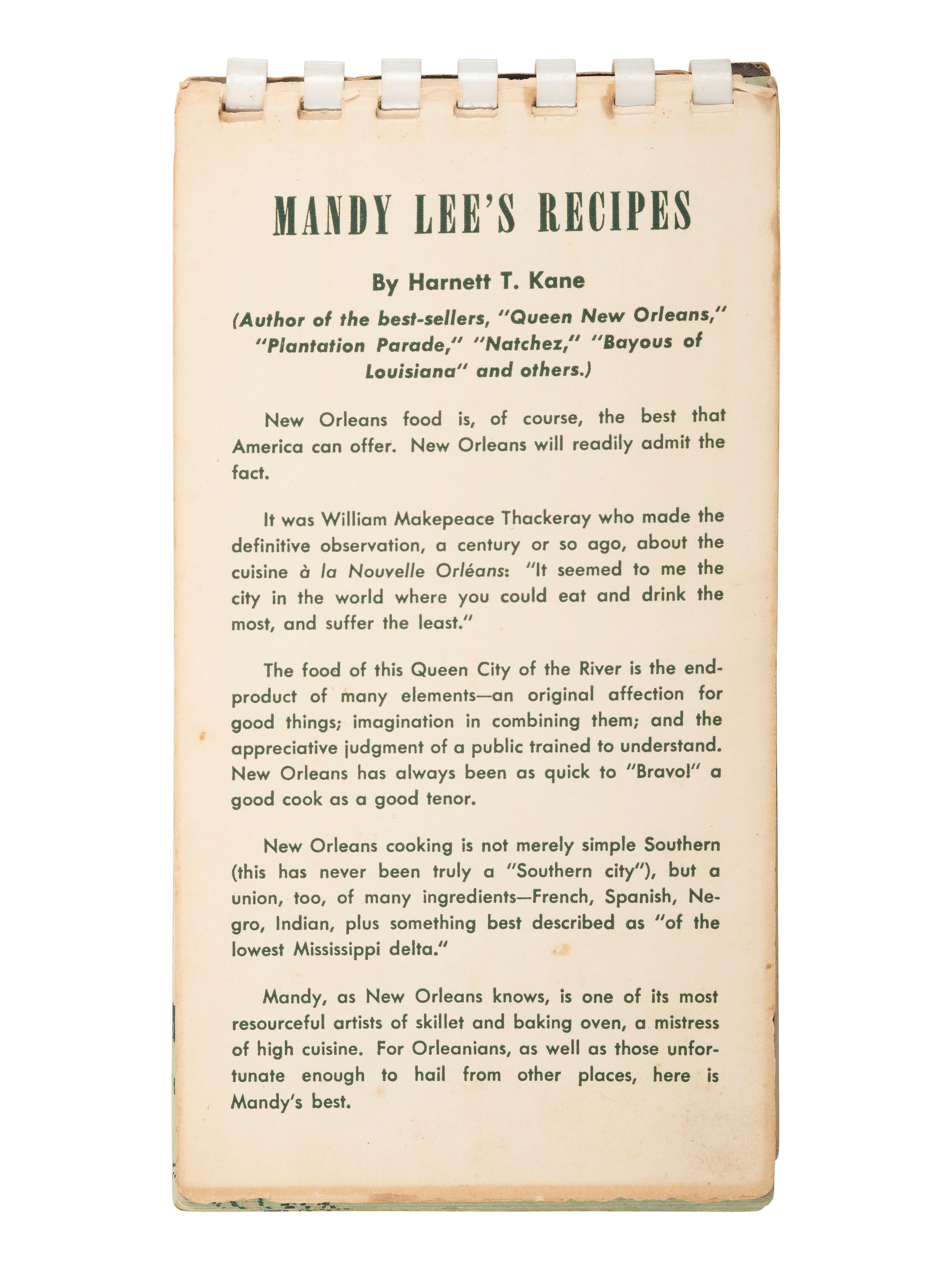 [AFRICAN AMERICANA - COOKBOOKS]. PREVOST, Ruth (1917-1954). Mandy Lee's Recipes for Good New Orleans Dishes . [Louisiana]: N.p., ca 1950-1954.