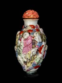 A Chinese Molded Famille Rose Porcelain ‘Luohan’ Snuff Bottle