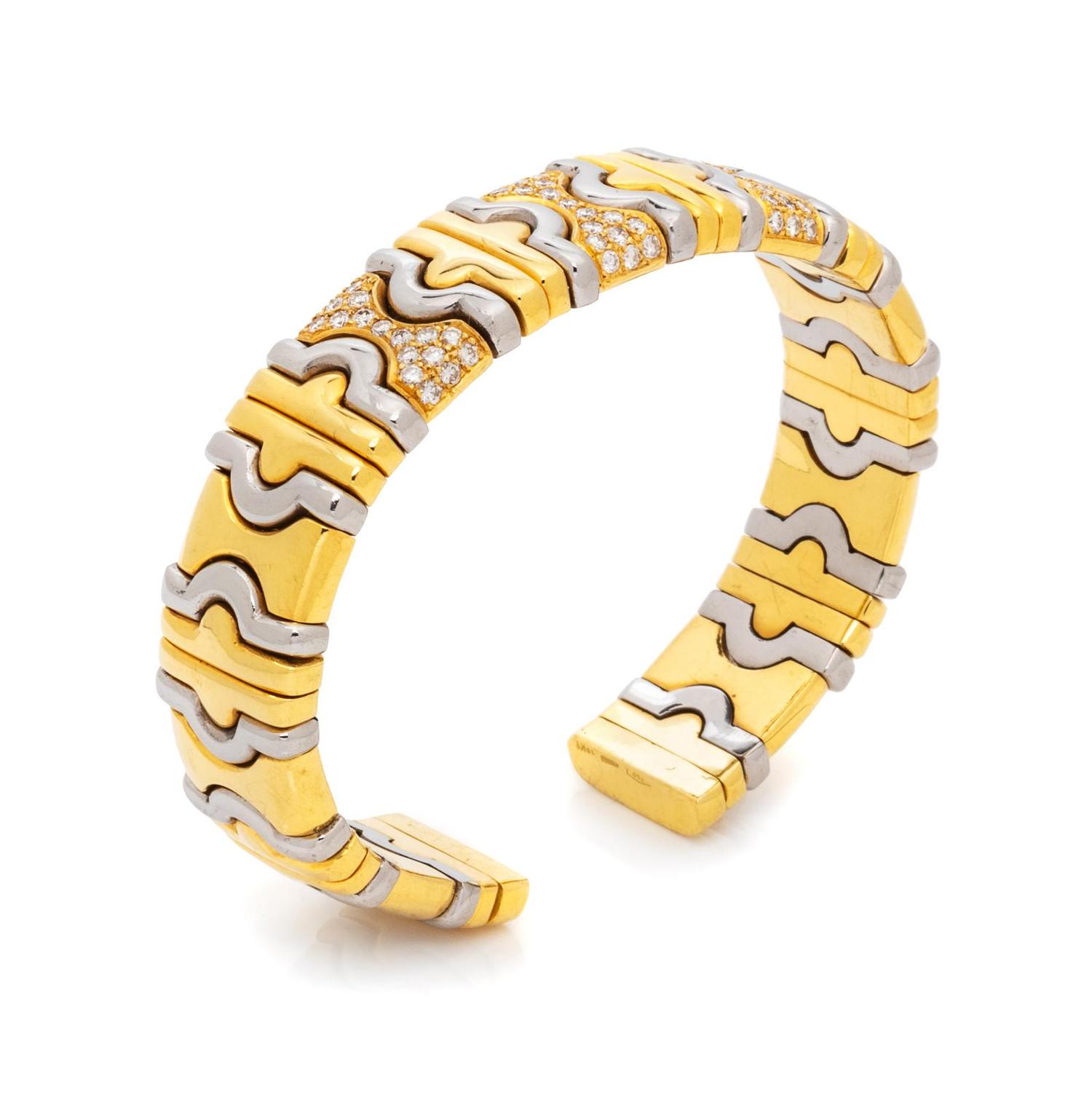 DINO CEVA, YELLOW GOLD, STEEL AND DIAMOND CUFF BRACELET