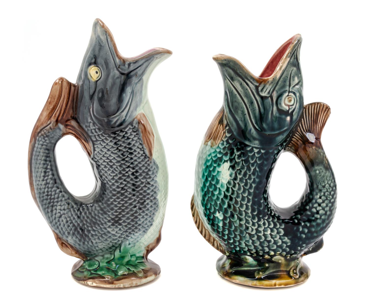 A Near Pair of American Majolica Figural Water Pitchers Height of taller 10 1/4 inches. — GEORGE MORLEY, CIRCA 1880