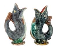 A Near Pair of American Majolica Figural Water Pitchers Height of taller 10 1/4 inches. — GEORGE MORLEY, CIRCA 1880