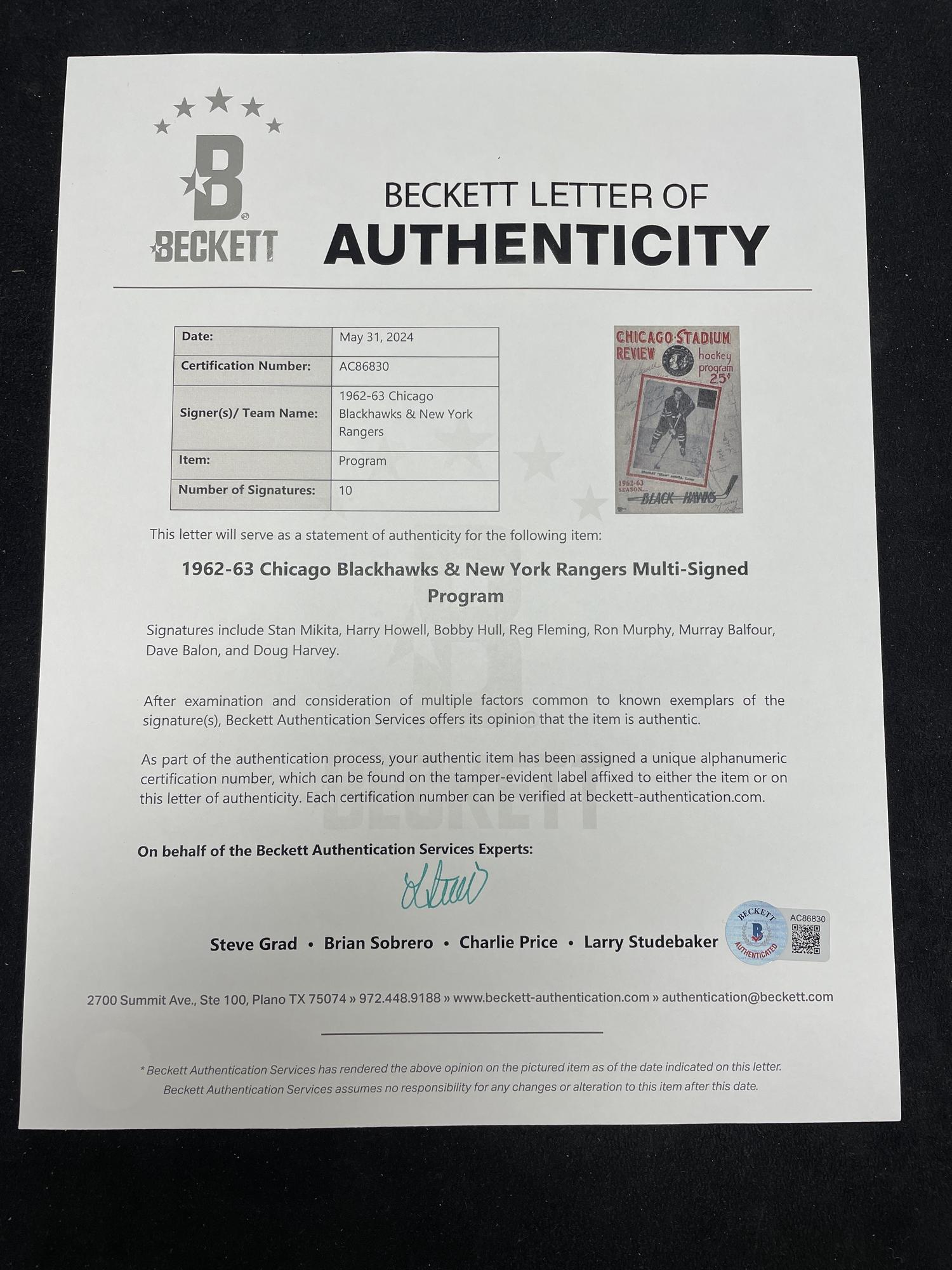 A 1962-63 Chicago Blackhawks and New York Rangers Signed Yearbook Program (Beckett Authentication Services)