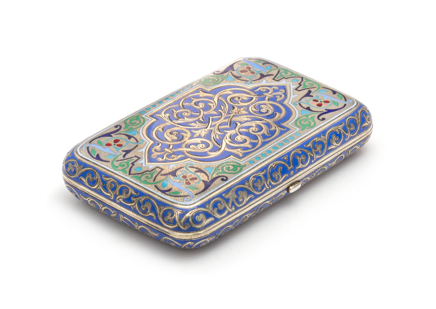 A Russian Enameled Silver Cigarette Case, Mark of Pavel Ovchinnikov with Imperial Warrant, Assay of Viktor Savinsky, Moscow, 1884, the