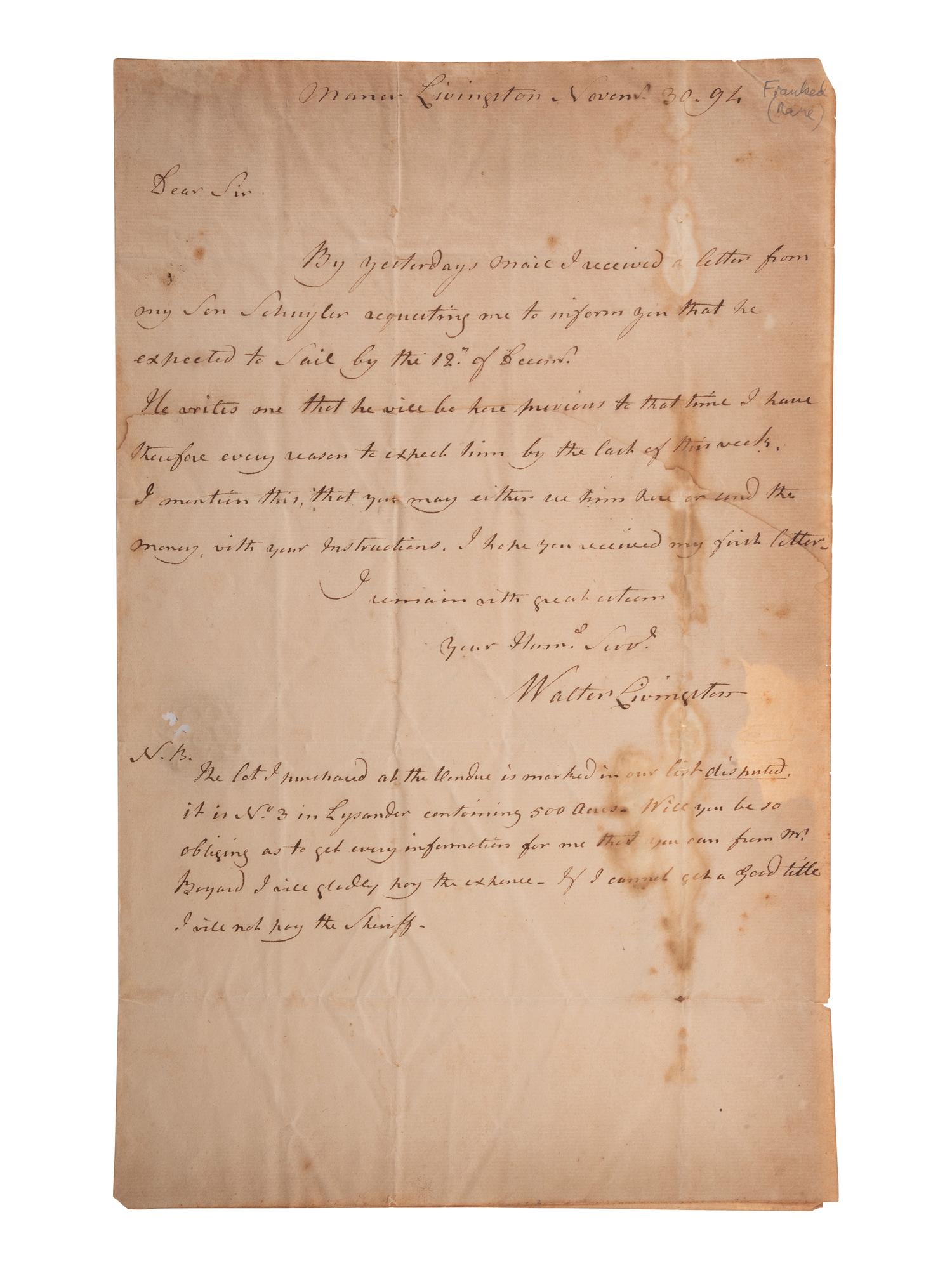 [POLITICS]. LIVINGSTON, Walter (1740-1797). Autograph letter signed ("Walter Livingston"), with franking signature on address panel of integral leaf ("Walter Livingston"), to an unnamed recipient. Manor Livingston, 30 November 1794.