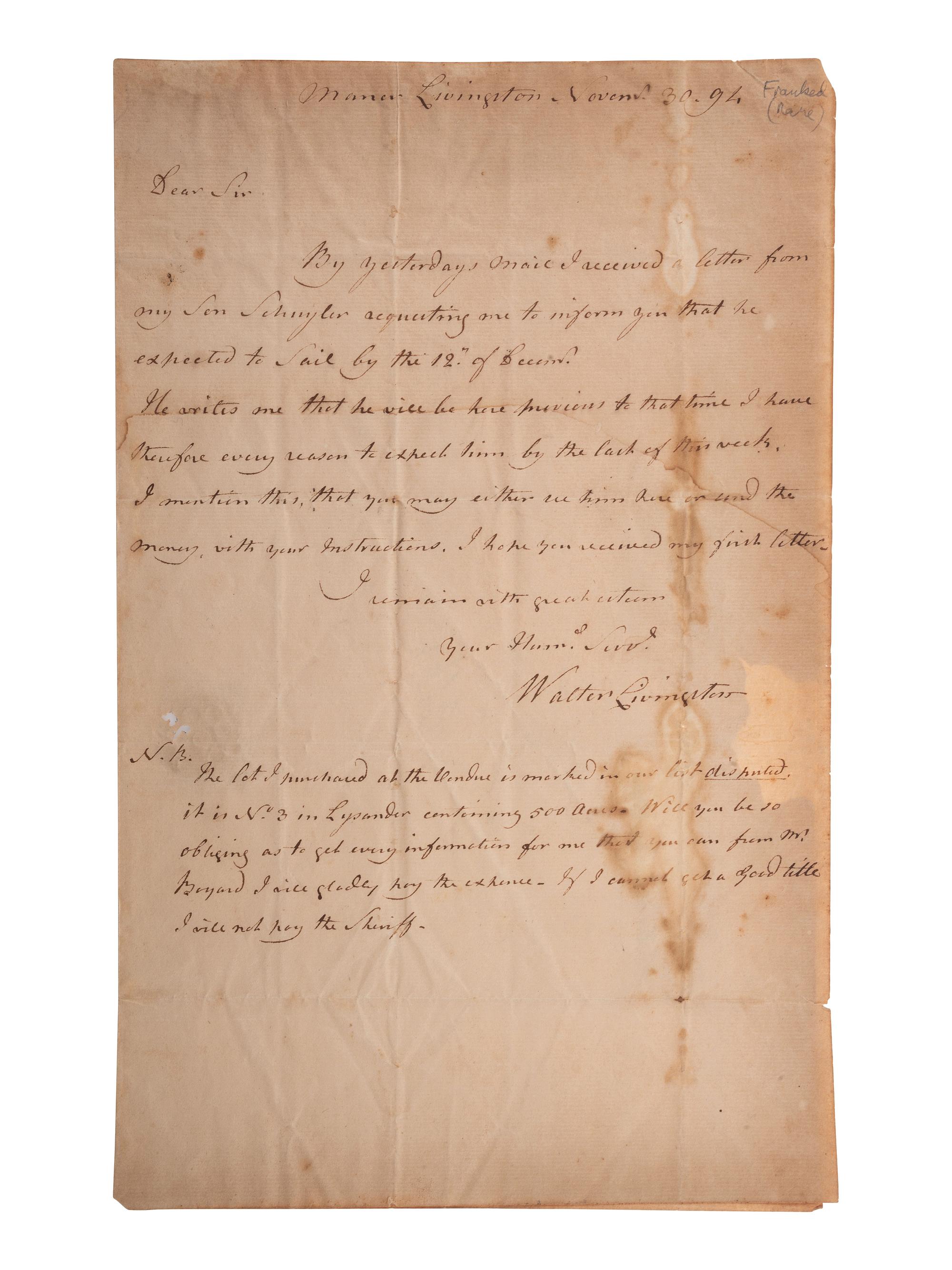 [POLITICS]. LIVINGSTON, Walter (1740-1797). Autograph letter signed ("Walter Livingston"), with franking signature on address panel of integral leaf ("Walter Livingston"), to an unnamed recipient. Manor Livingston, 30 November 1794.