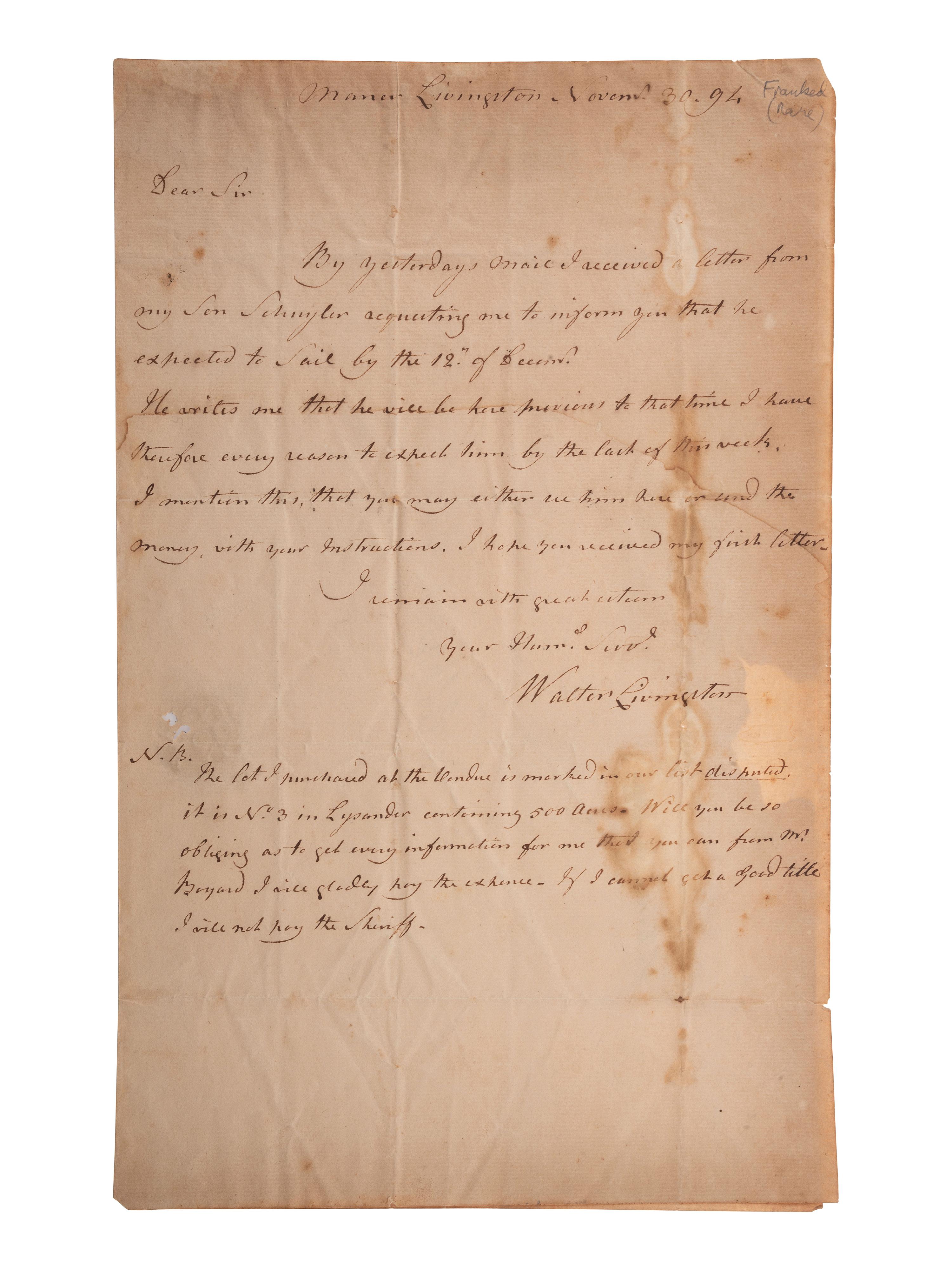 [POLITICS]. LIVINGSTON, Walter (1740-1797). Autograph letter signed ("Walter Livingston"), with franking signature on address panel of integral leaf ("Walter Livingston"), to an unnamed recipient. Manor Livingston, 30 November 1794.