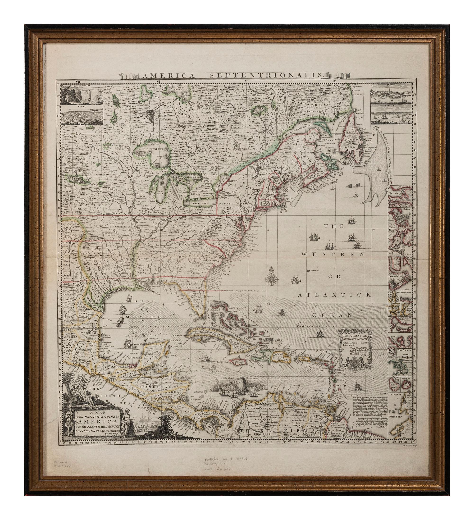POPPLE, Henry (d.1743). A Map of the British Empire in America with the French and Spanish Settlements adjacent therto . London, ca 1734.