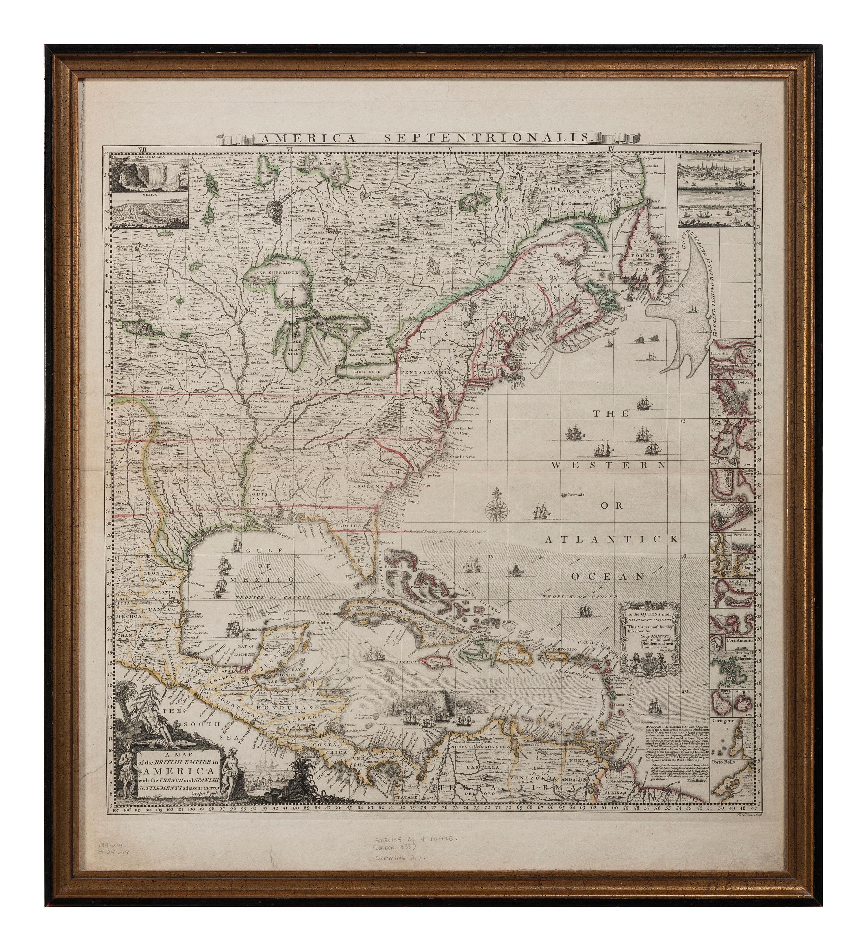 POPPLE, Henry (d.1743). A Map of the British Empire in America with the French and Spanish Settlements adjacent therto . London, ca 1734.
