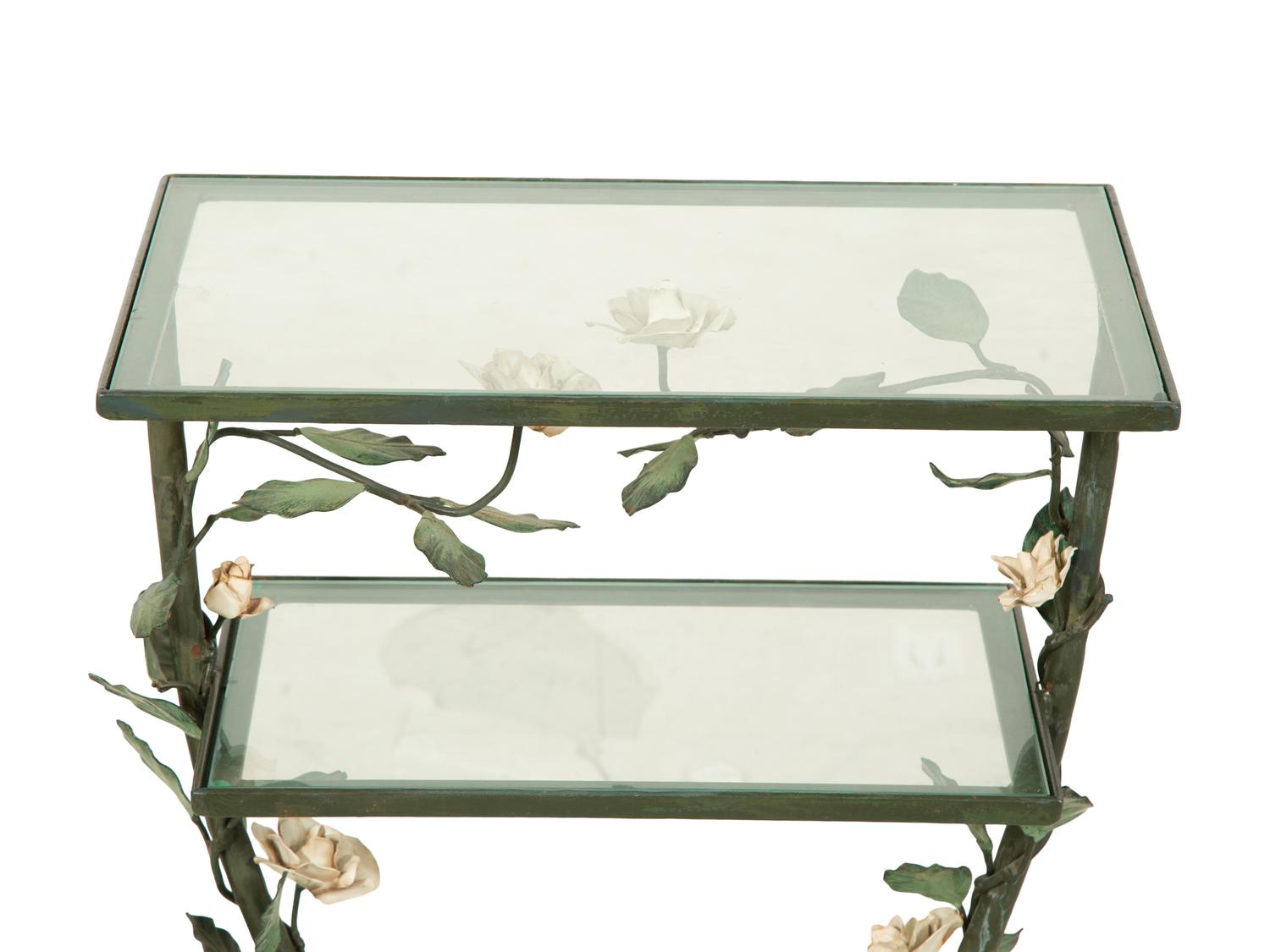 A Tole Peinte Two-Tiered Glass Accent Table