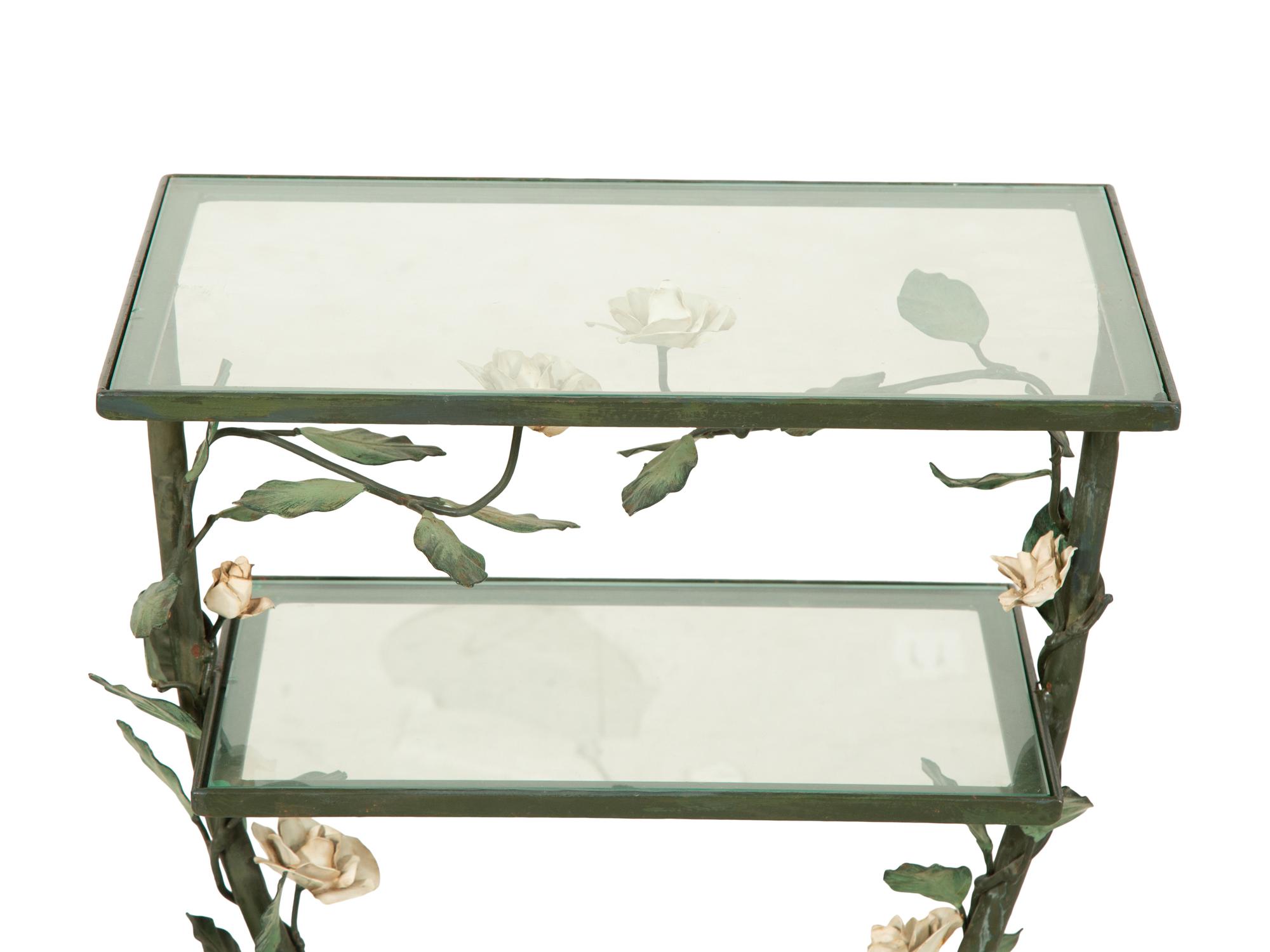 A Tole Peinte Two-Tiered Glass Accent Table