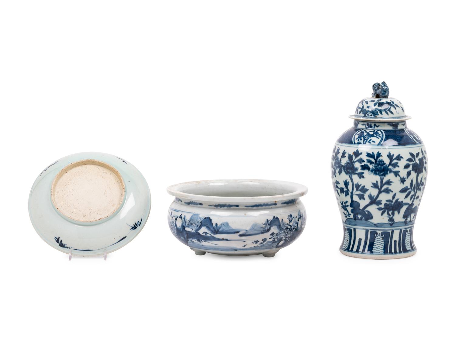Three Chinese Blue and White Porcelain Articles
