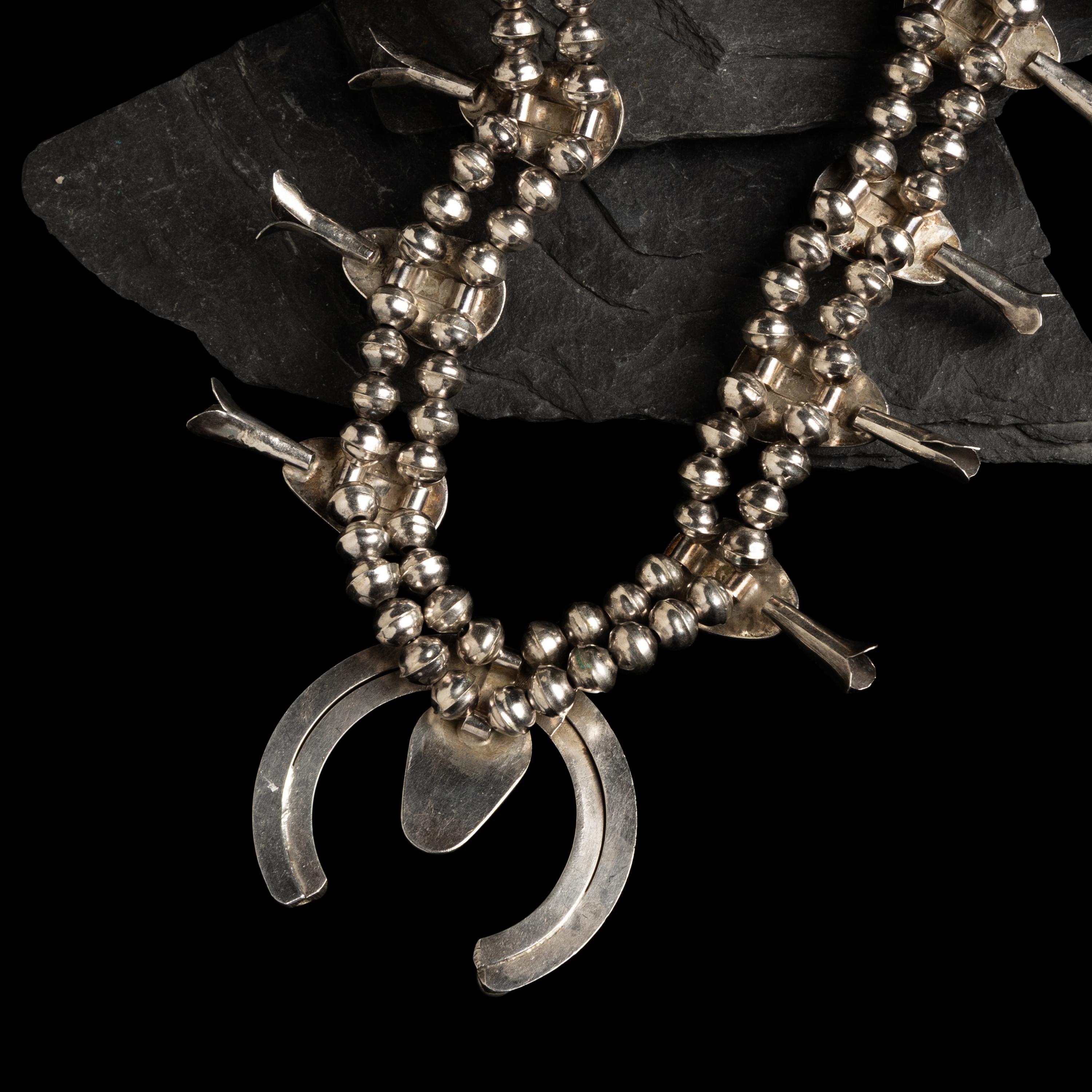 Navajo Silver and Turquoise Shadowbox Squash Blossom Necklace