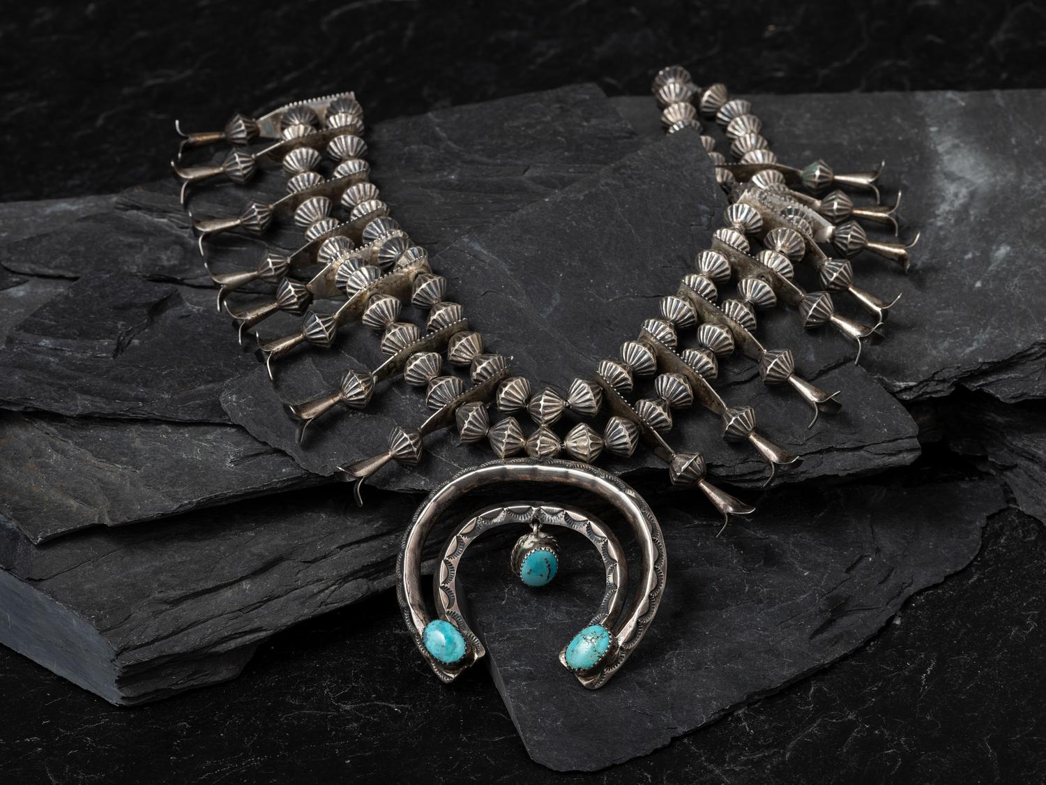 Navajo Silver and Turquoise Squash Blossom Necklace