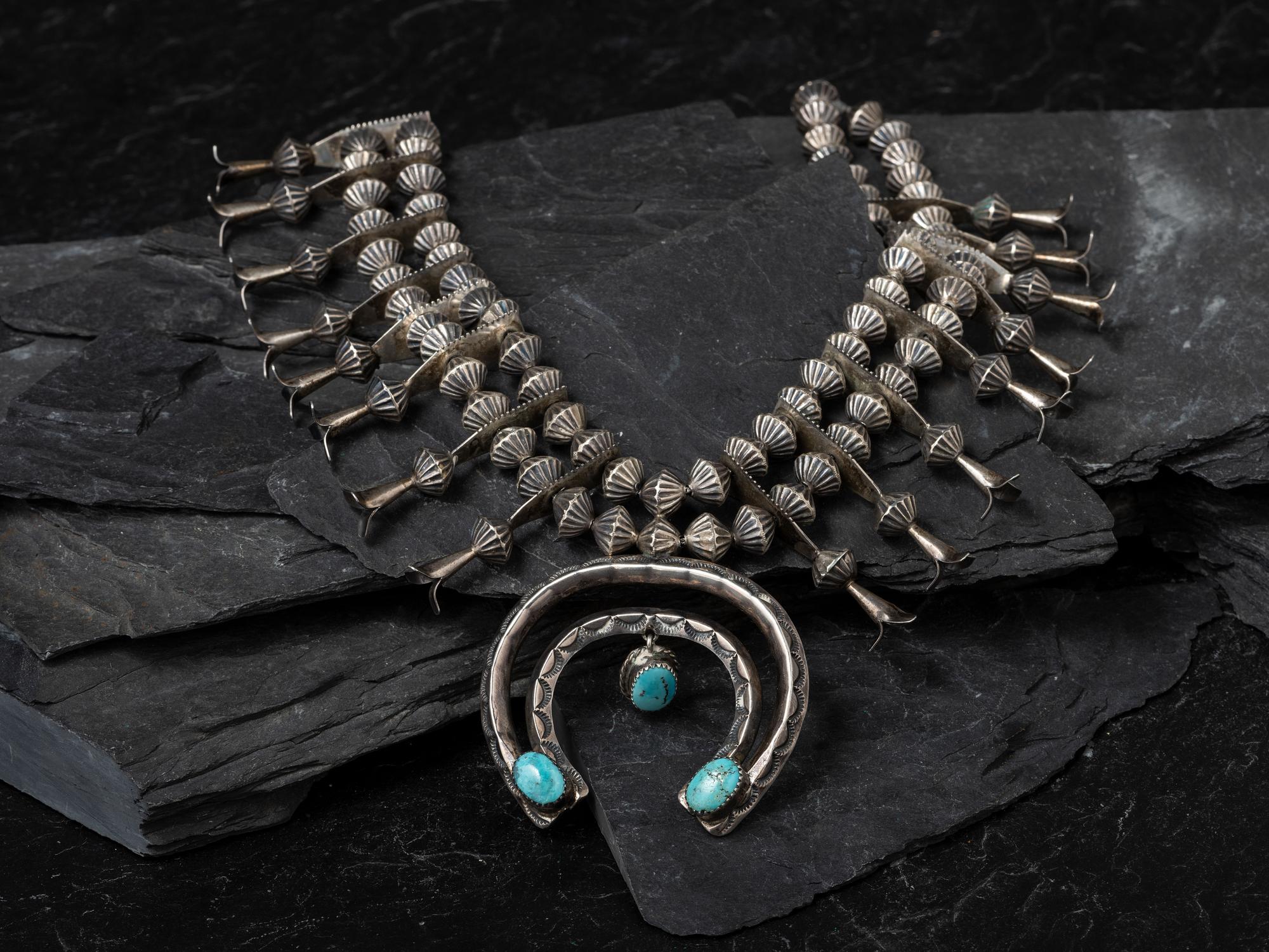 Navajo Silver and Turquoise Squash Blossom Necklace