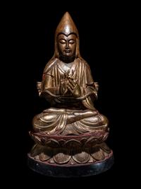 A Tibetan Gilt Lacquered Wood Figure of Tsongkapa