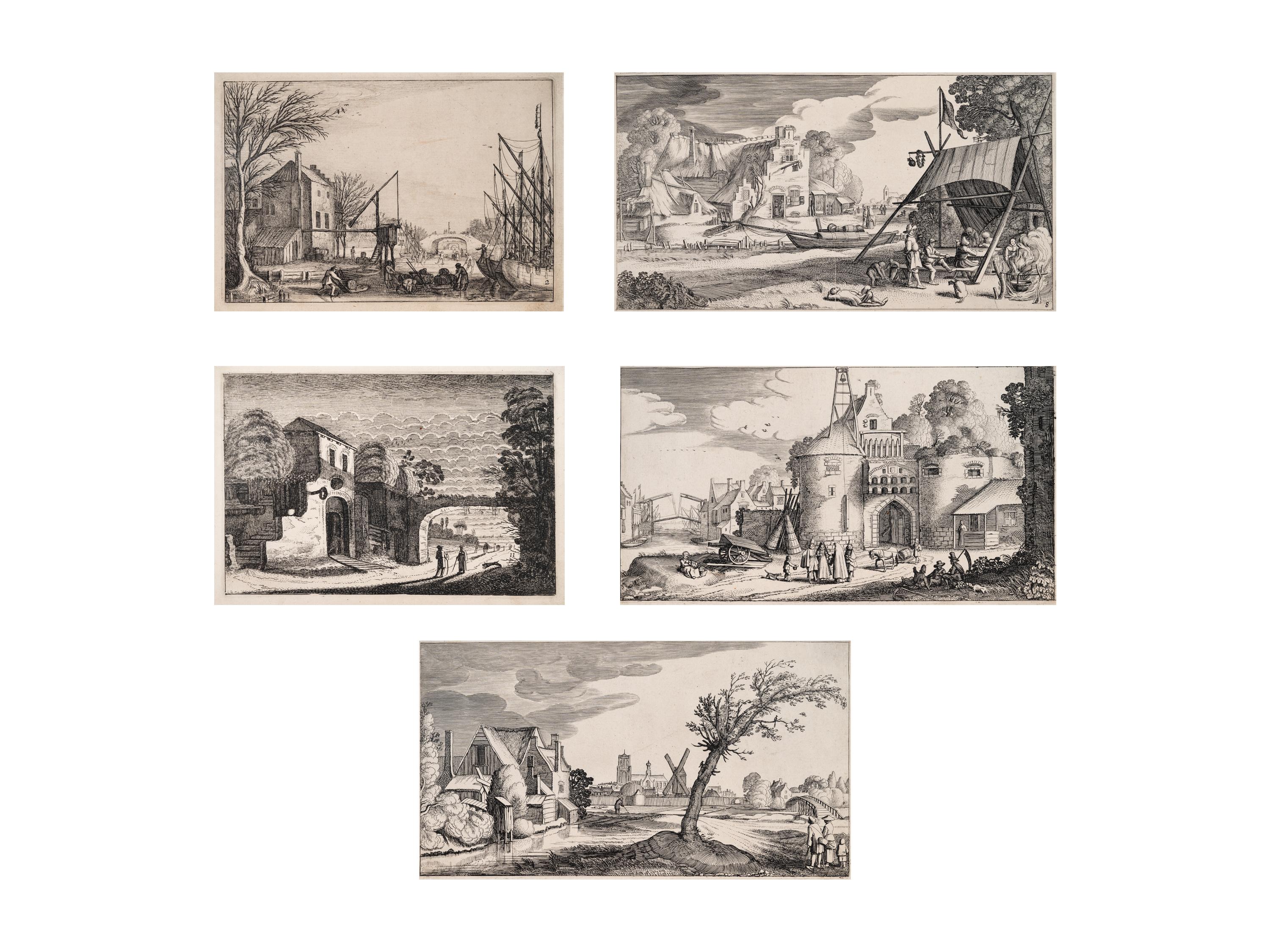 A group of five prints ( The Brewery by a Frozen Canal; The Repast Under the Tent; The Village Gateway; Untitled (Archway Over the Road); Untitled (View of a Walled Town) )