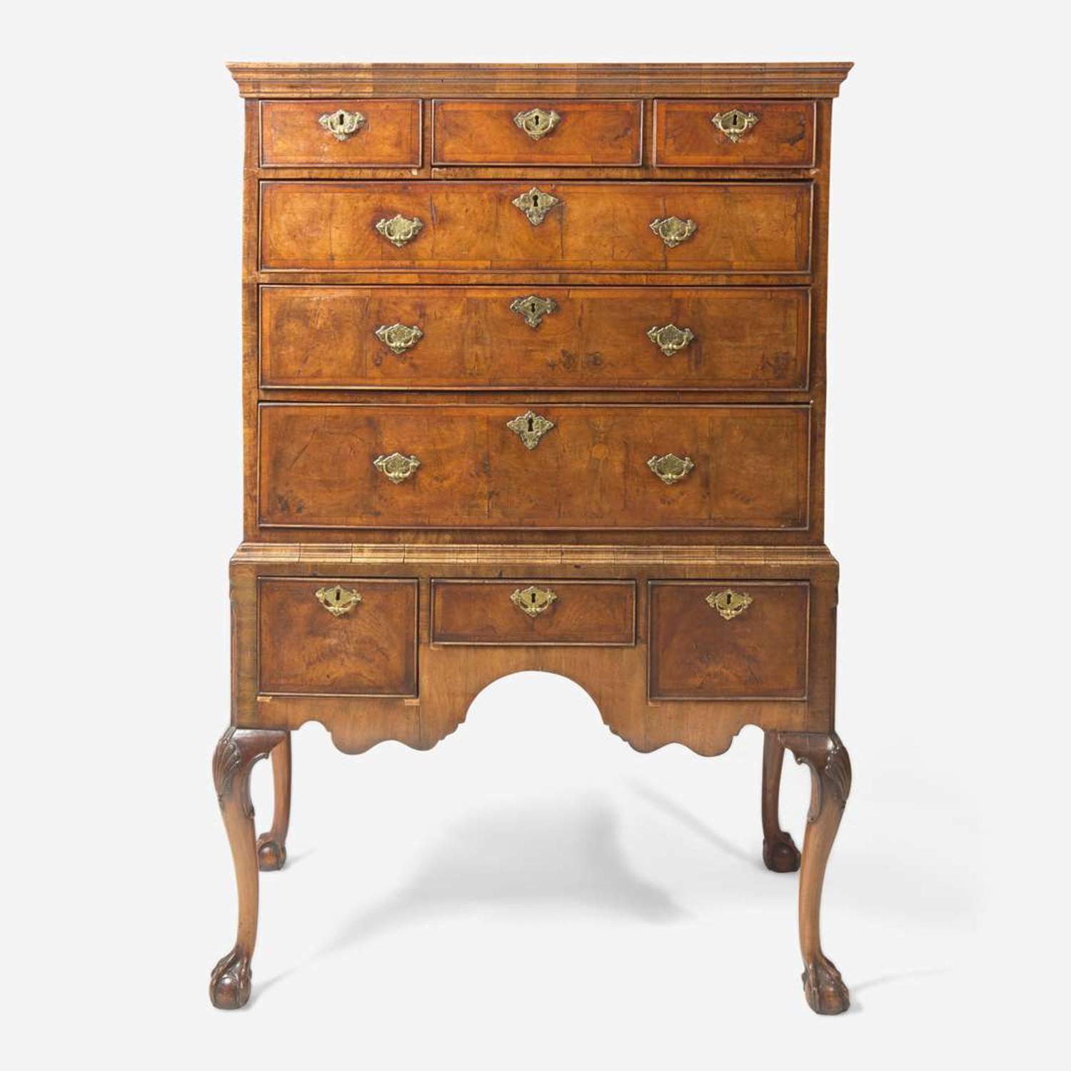 A Queen Anne burl walnut veneered high chest circa 1730 and later