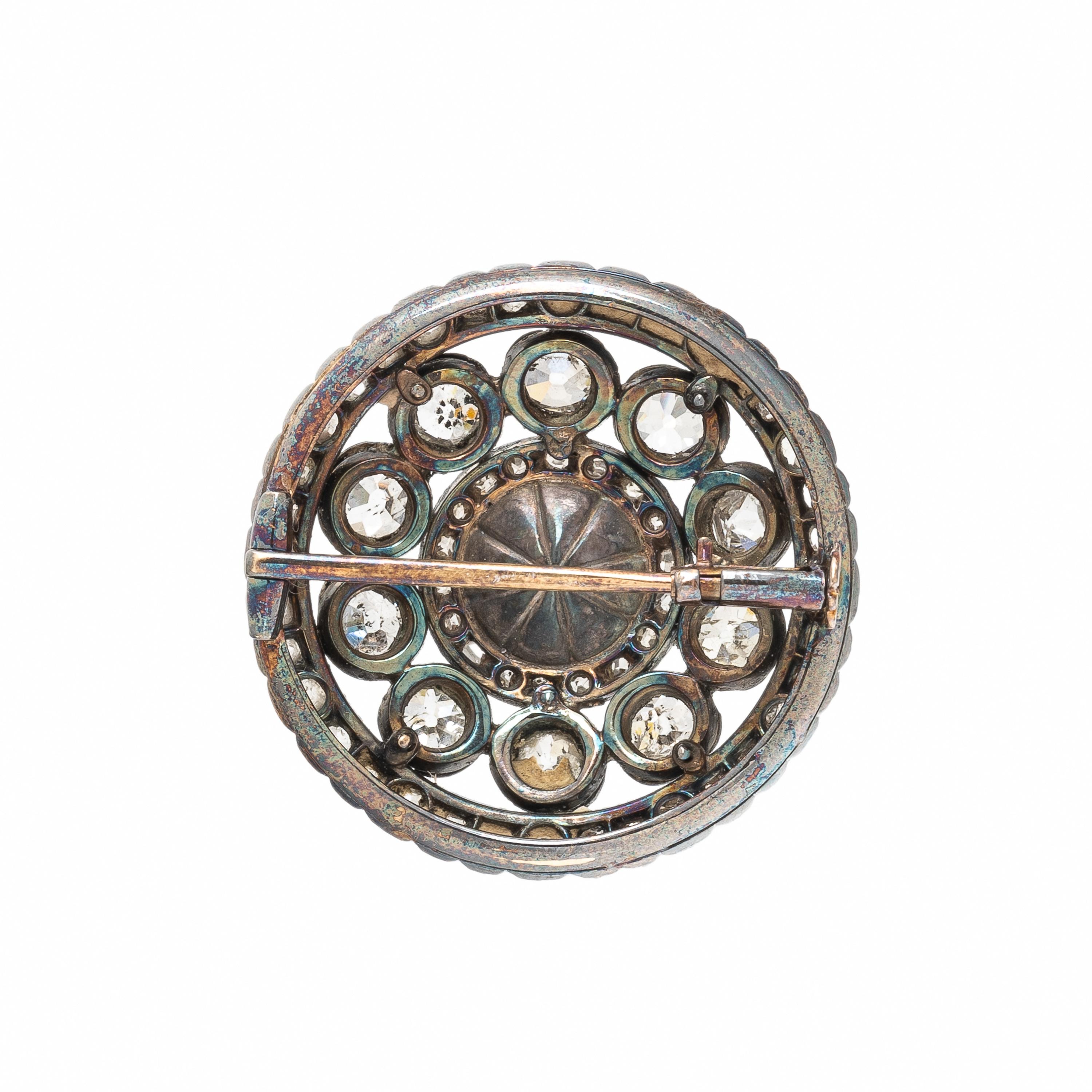 Antique, Silver-Topped Gold, Pearl, and Diamond Brooch