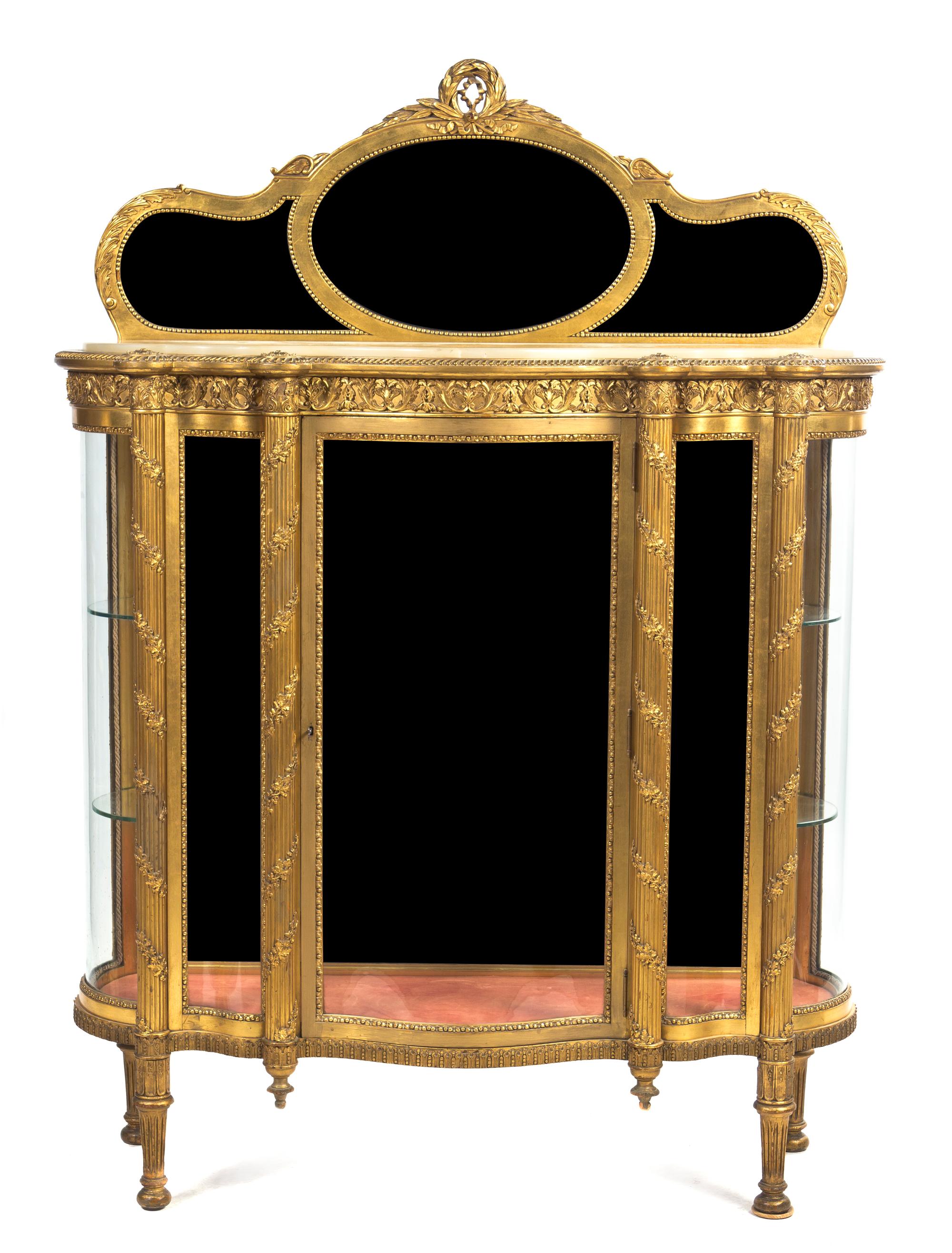 A Louis XVI Style Giltwood Vitrine, Height 67 5/8 x width 49 3/4 x depth 17 5/8 inches.
