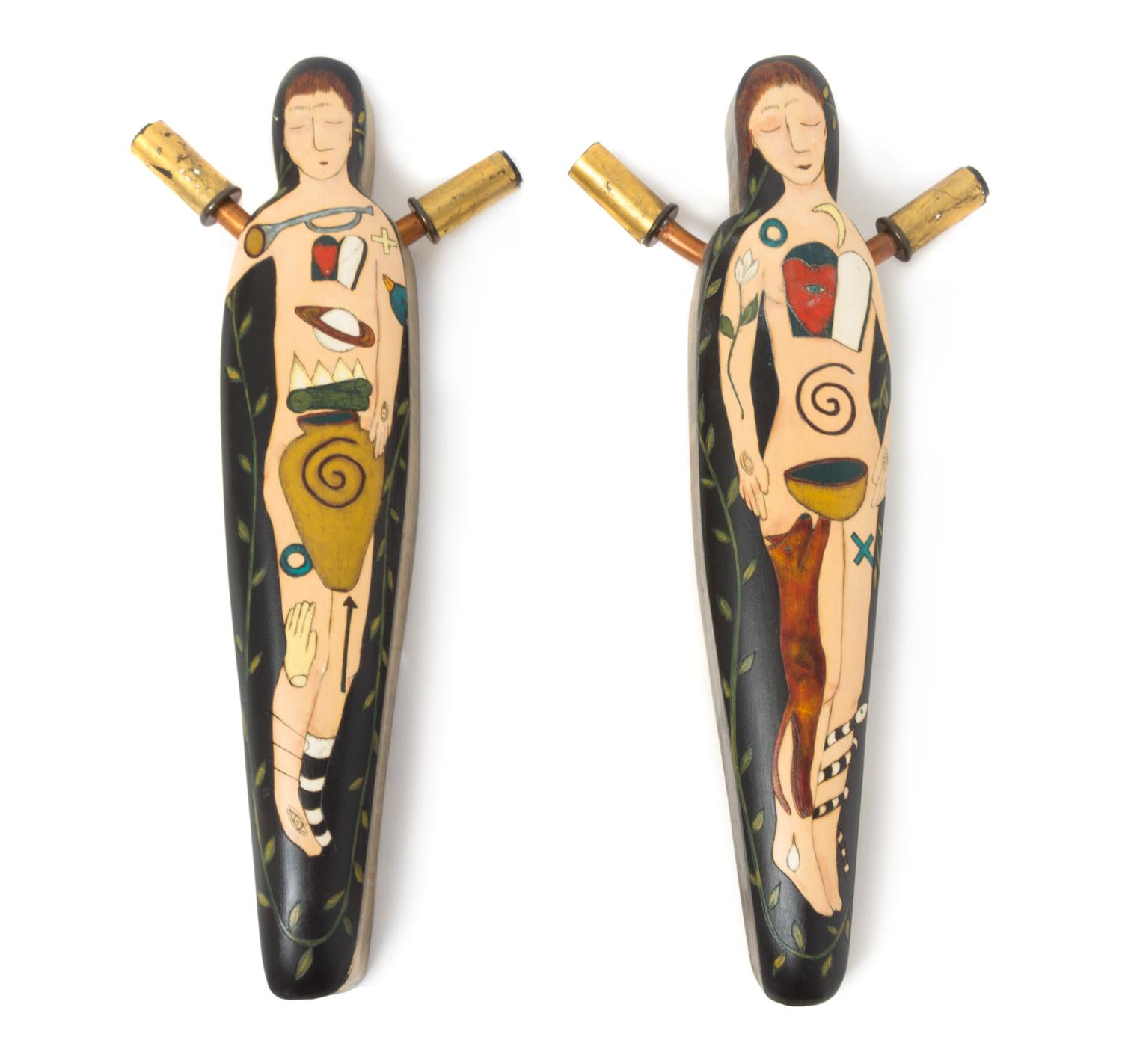 A Pair of Painted Wood Two-Light Sconces Height 17 1/8 inches. — RICHARD AND BARBARA KOOYMAN, 1995