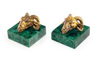 A Pair of Gilt Bronze and Malachite Ram's Head Table Ornaments