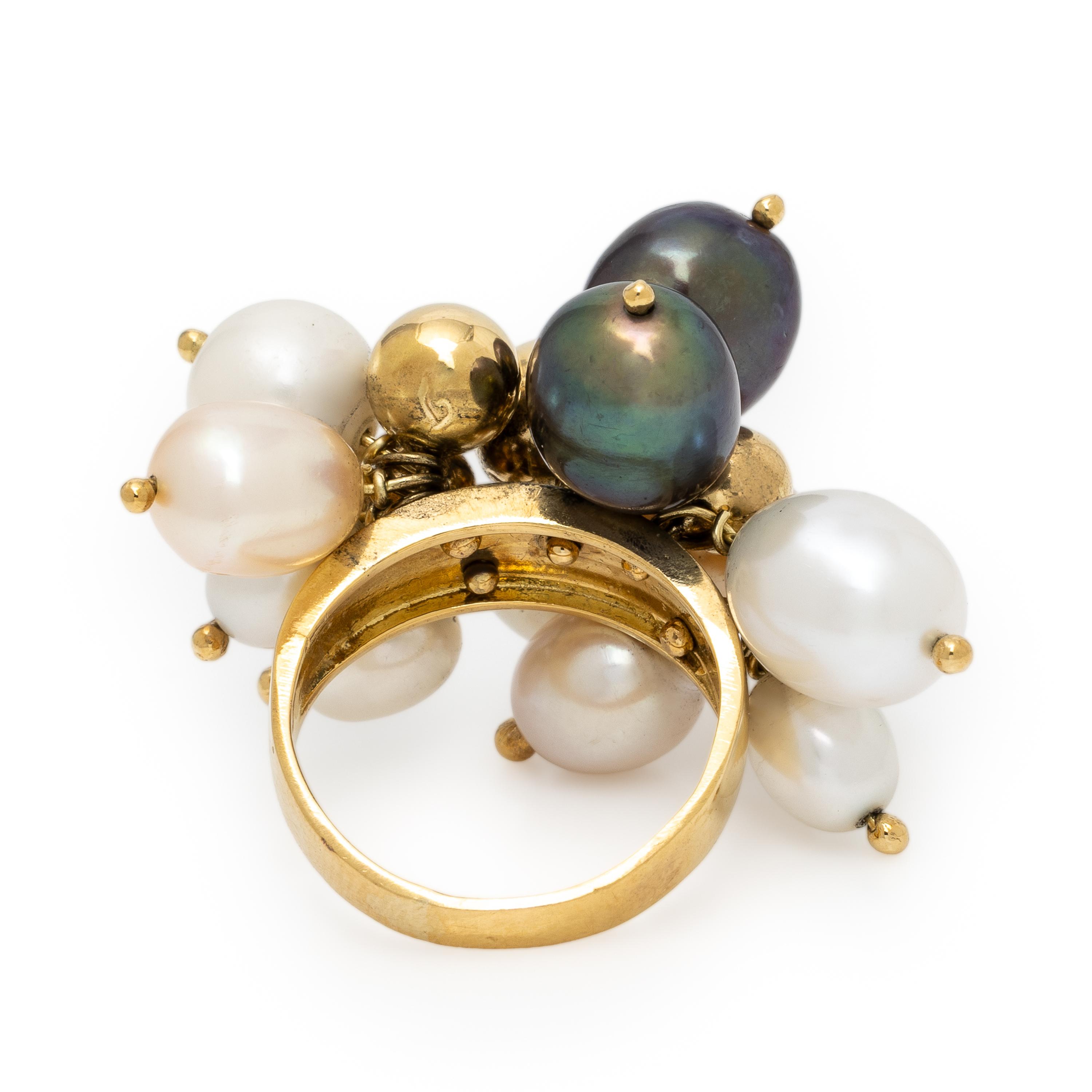 Yellow Gold and Cultured Pearl Cluster Ring