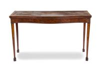 A George III Adam Style Marquetry, Mahogany and Fruitwood Server, Height 35 x width 59 x diameter 27 1/2 inches.
