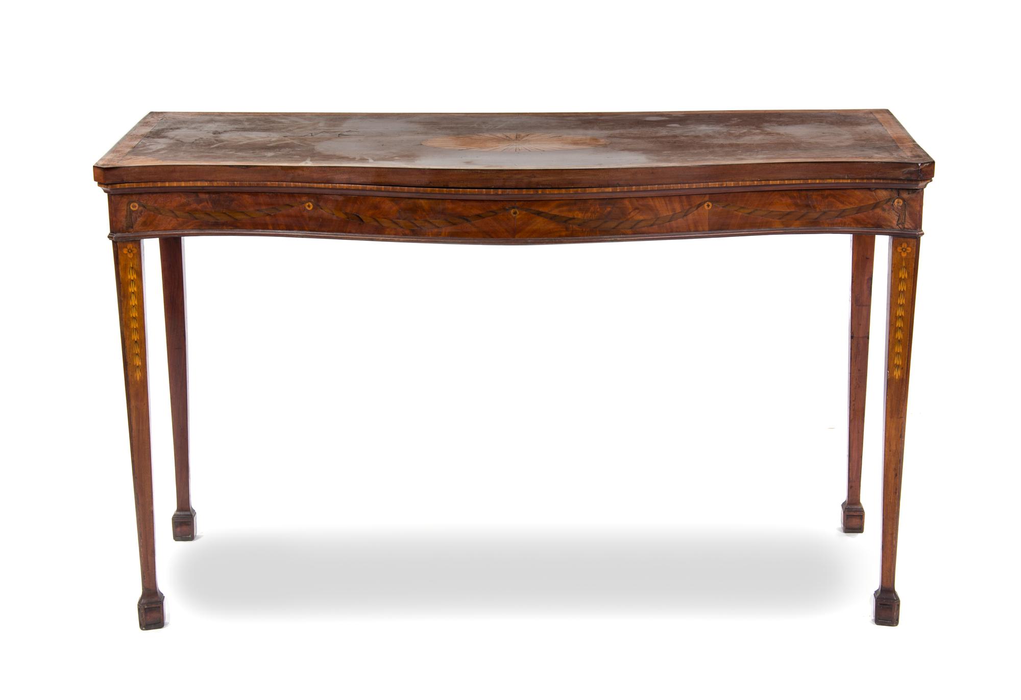 A George III Adam Style Marquetry, Mahogany and Fruitwood Server, Height 35 x width 59 x diameter 27 1/2 inches.