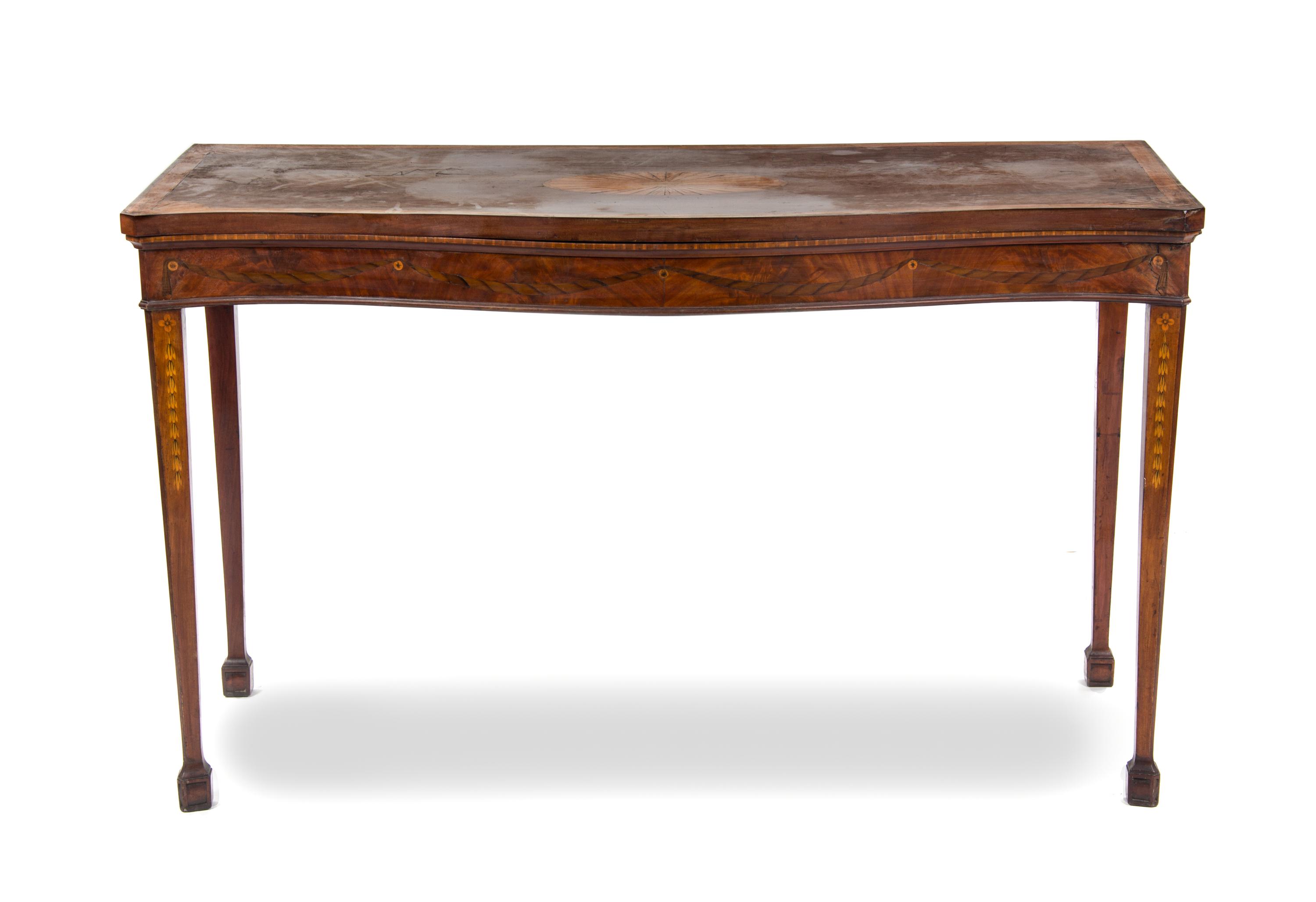 A George III Adam Style Marquetry, Mahogany and Fruitwood Server, Height 35 x width 59 x diameter 27 1/2 inches.