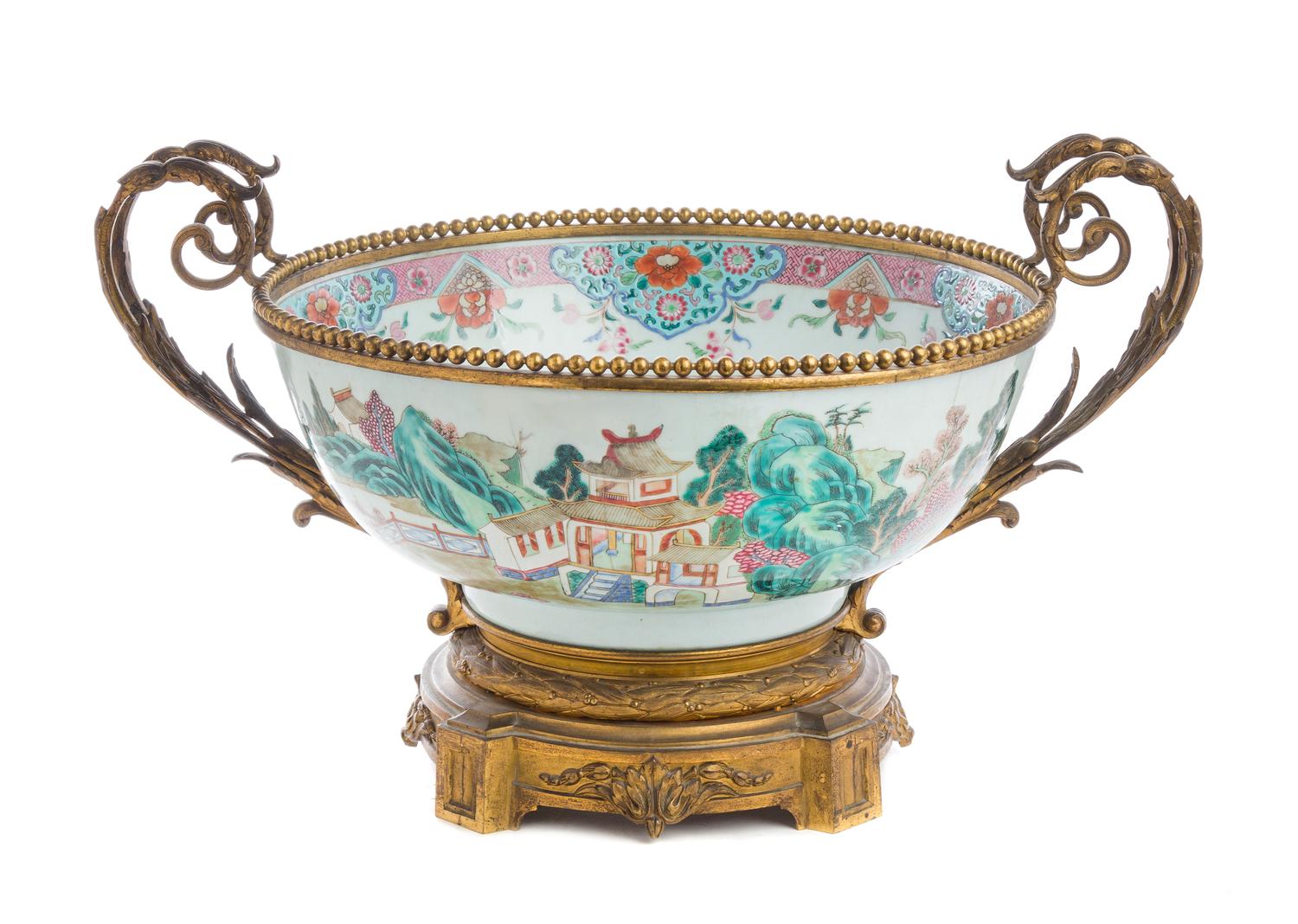 A Gilt Bronze Mounted Chinese Export Porcelain Center Bowl Width 22 inches. — 19TH CENTURY, THE MOUNTS LATER
