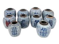 10 Chinese Blue and White Porcelain 'Double Happiness' Jars