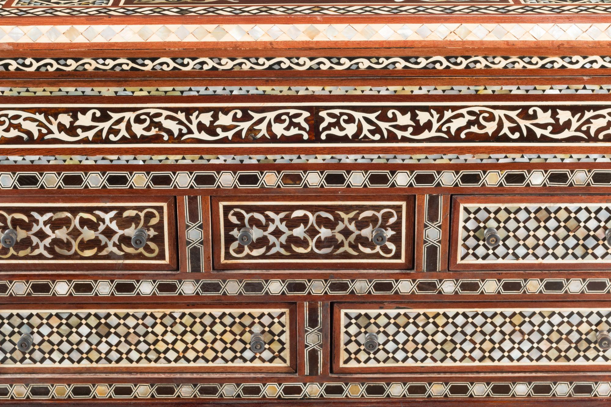 A Moorish Style Marquetry Collector's Cabinet on Stand