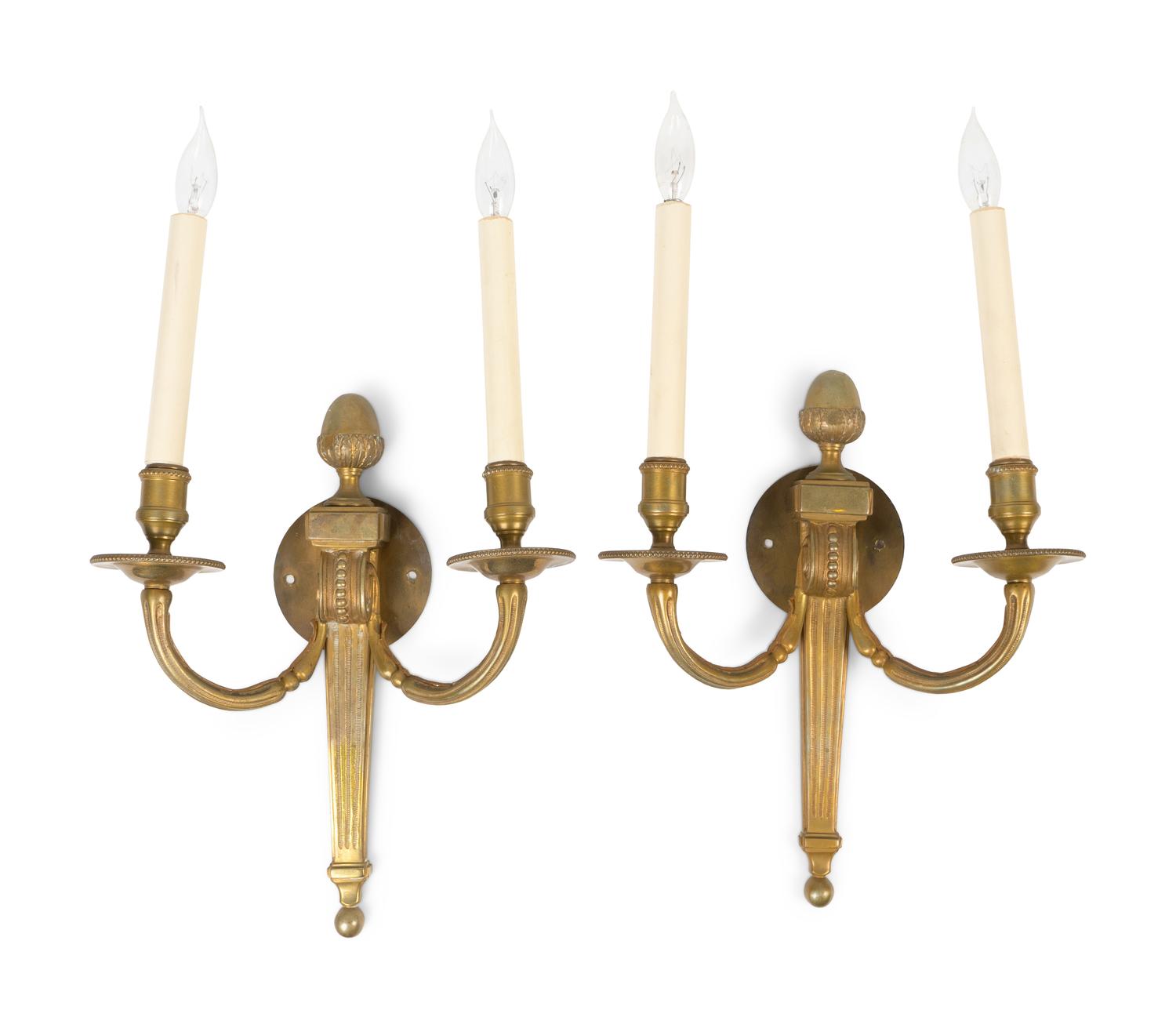 A Pair of Louis XVI Style Gilt Bronze Two-Light Wall Sconces — 20TH CENTURY