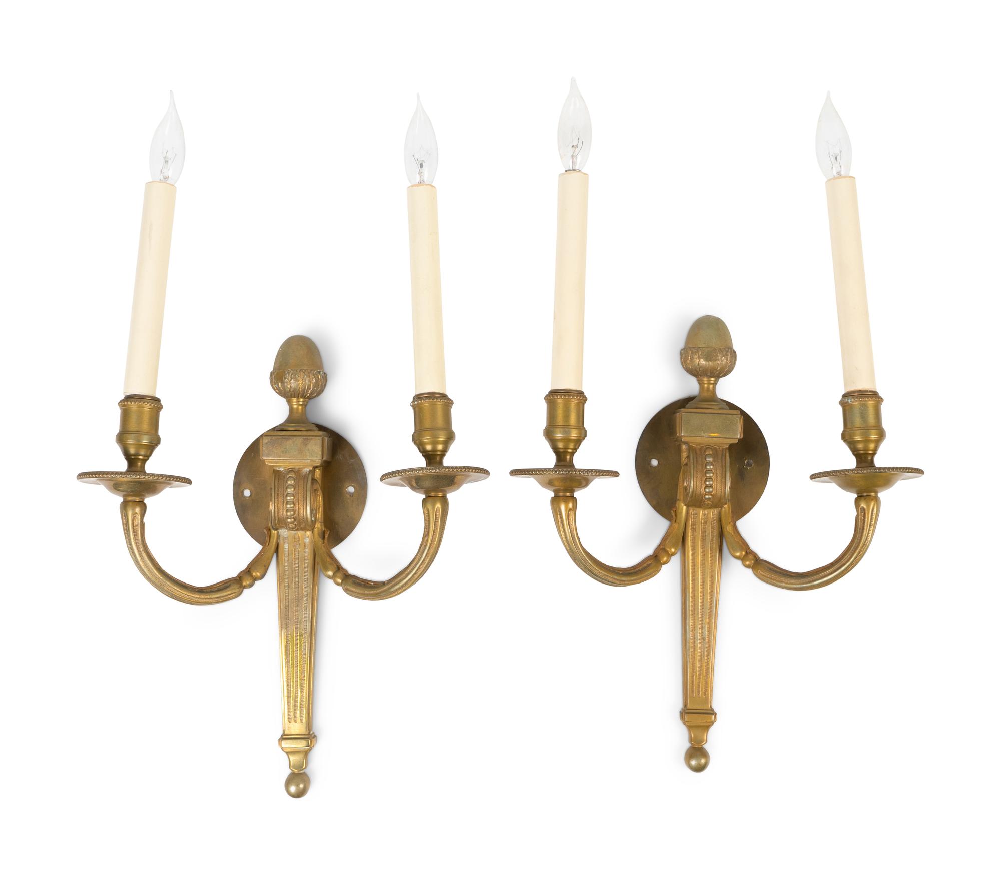 A Pair of Louis XVI Style Gilt Bronze Two-Light Wall Sconces — 20TH CENTURY