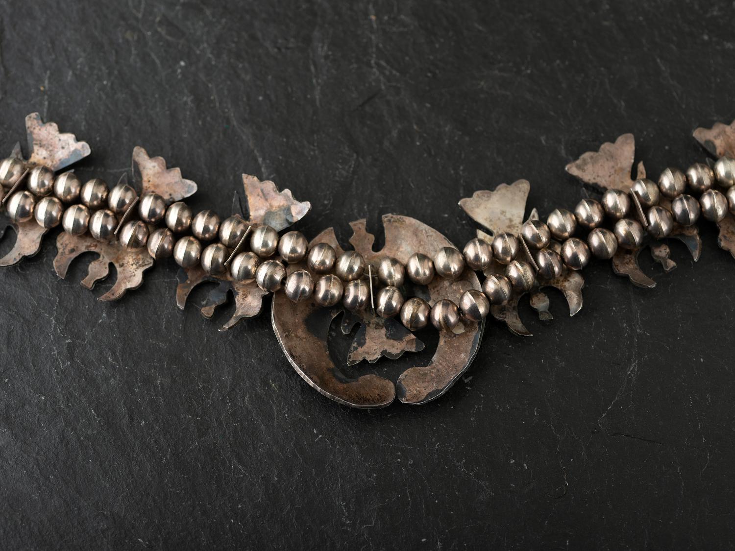 Navajo Silver Waterbird Squash Blossom, with Coral and Turquoise Chip Inlay