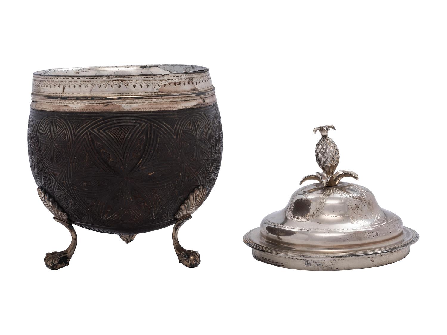 An English Silverplate-Mounted Carved Coconut with Lid
