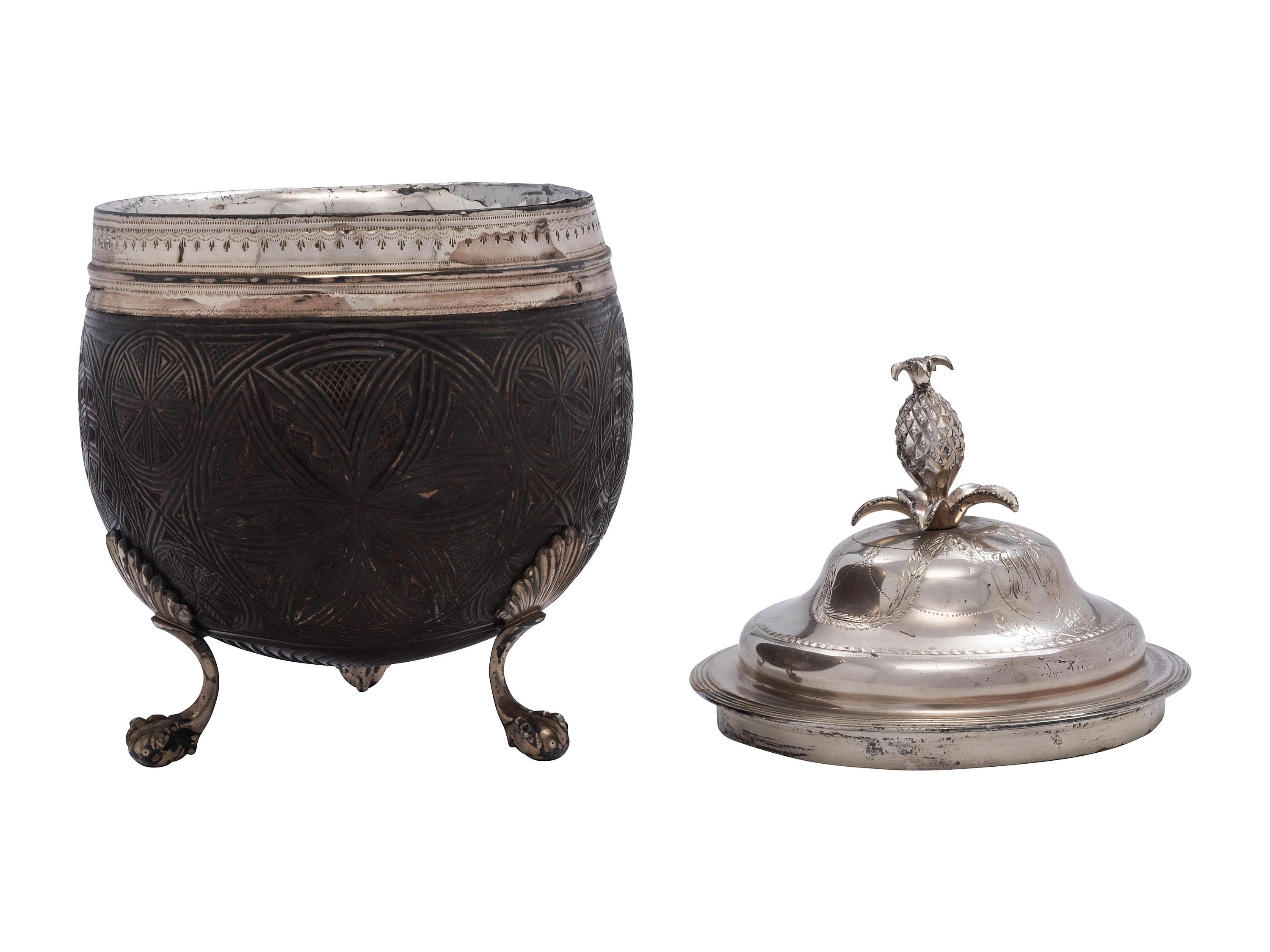 An English Silverplate-Mounted Carved Coconut with Lid
