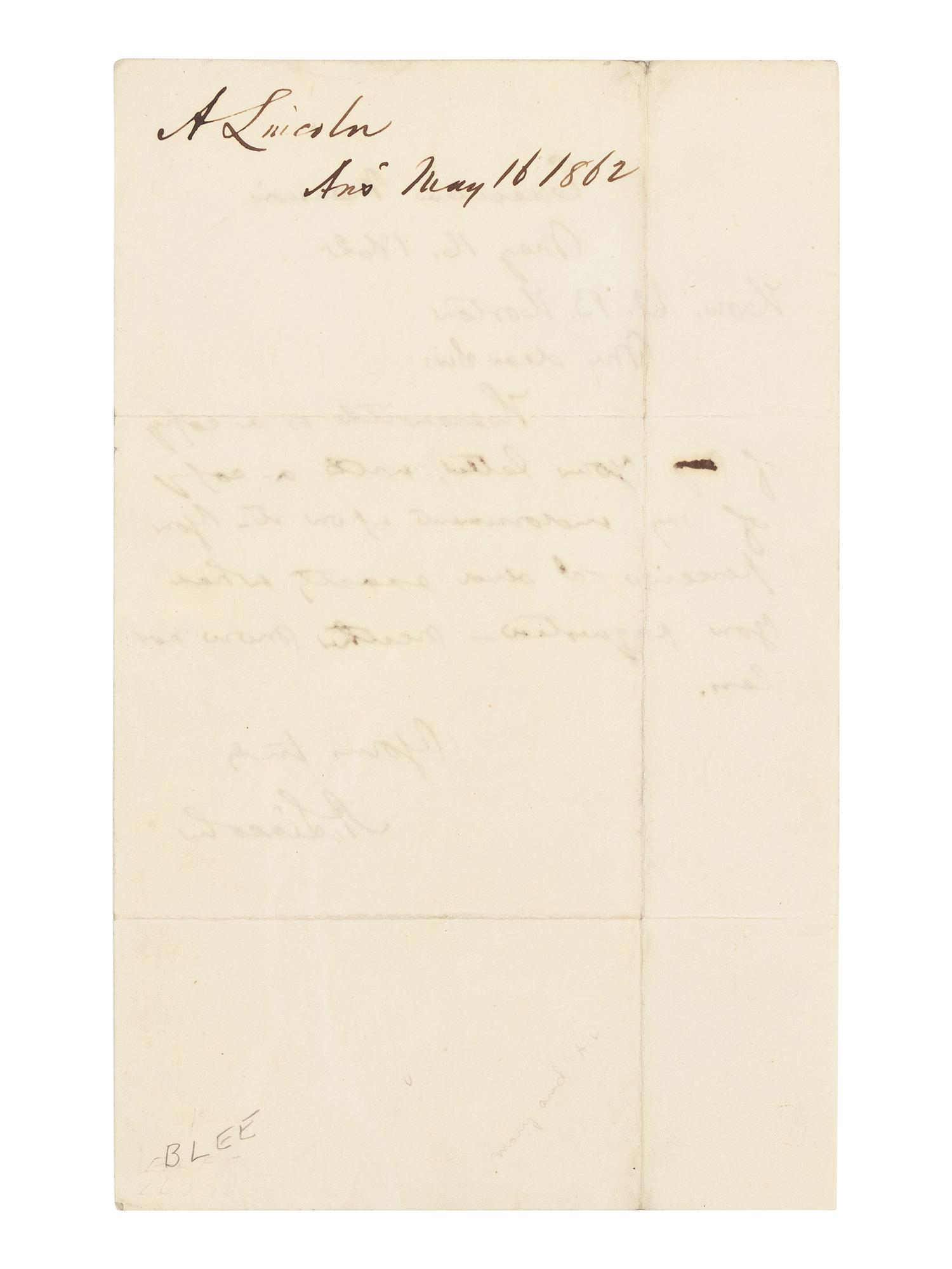 LINCOLN, Abraham (1809-1865). Autograph letter signed ("A. Lincoln") to Ohio Congressman Valentine B. Horton. Executive Mansion, Washington, D.C., 16 May 1862.