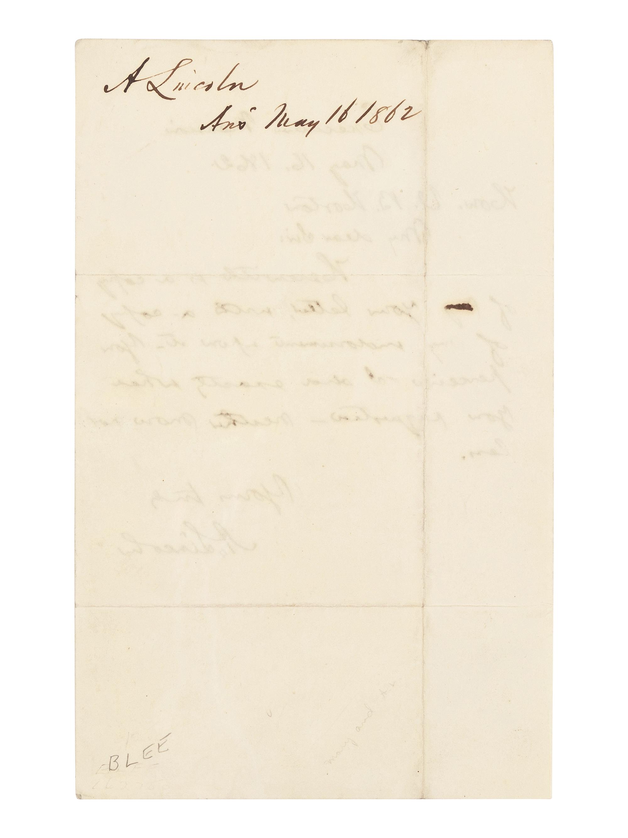 LINCOLN, Abraham (1809-1865). Autograph letter signed ("A. Lincoln") to Ohio Congressman Valentine B. Horton. Executive Mansion, Washington, D.C., 16 May 1862.