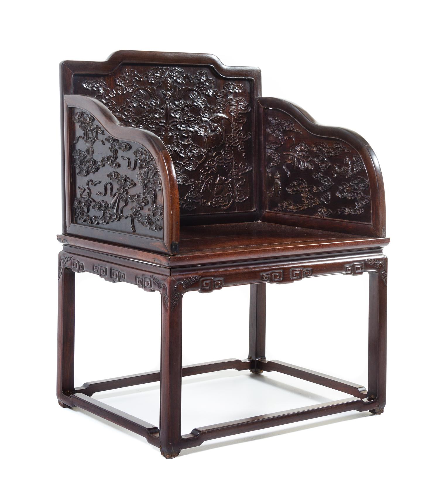 A Chinese Zitan Throne Chair, Baozuo Height 41 1/2 x width 30 1/4 x depth 25 1/2 inches. — QING DYNASTY (1644-1911)