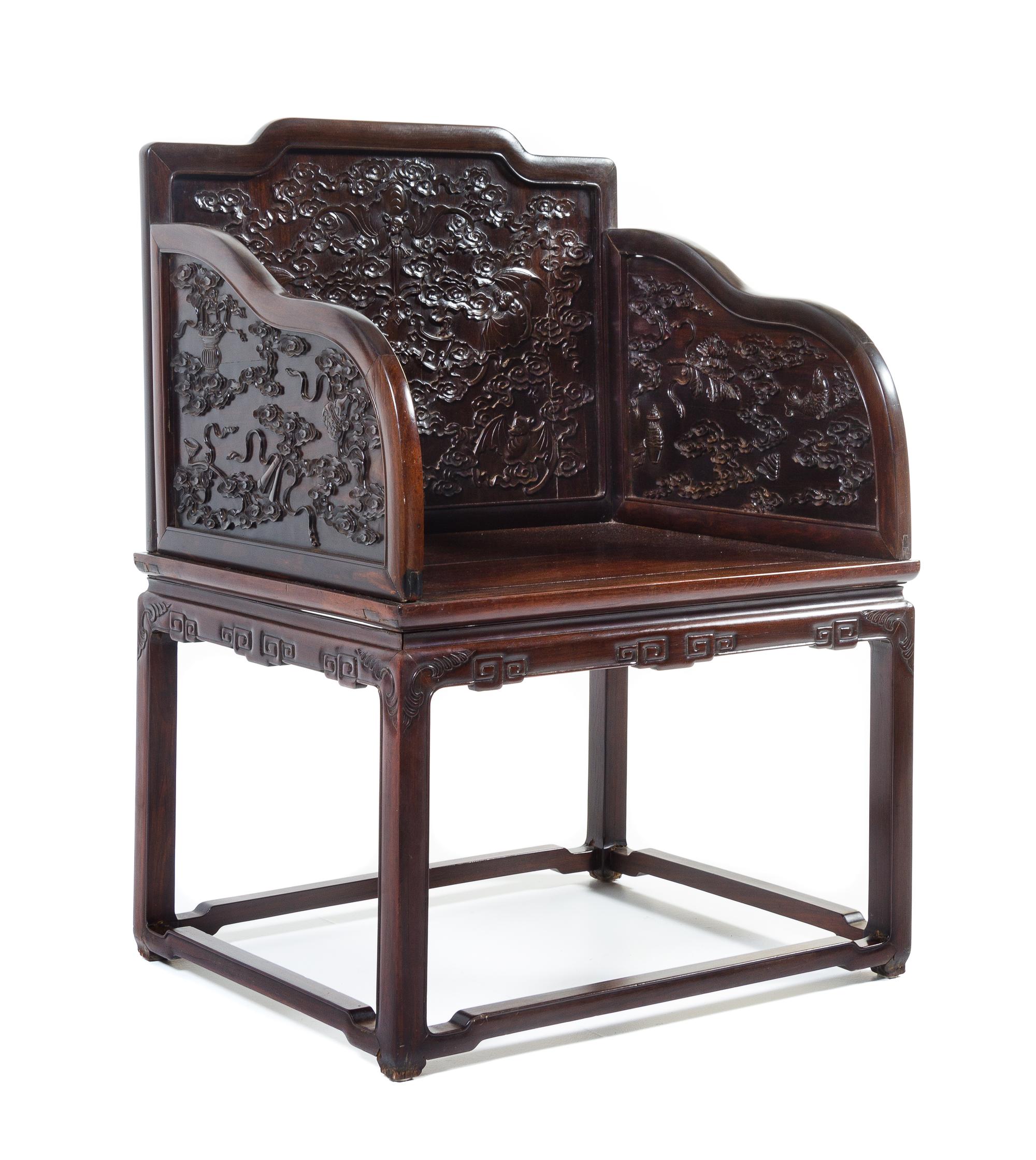 A Chinese Zitan Throne Chair, Baozuo Height 41 1/2 x width 30 1/4 x depth 25 1/2 inches. — QING DYNASTY (1644-1911)