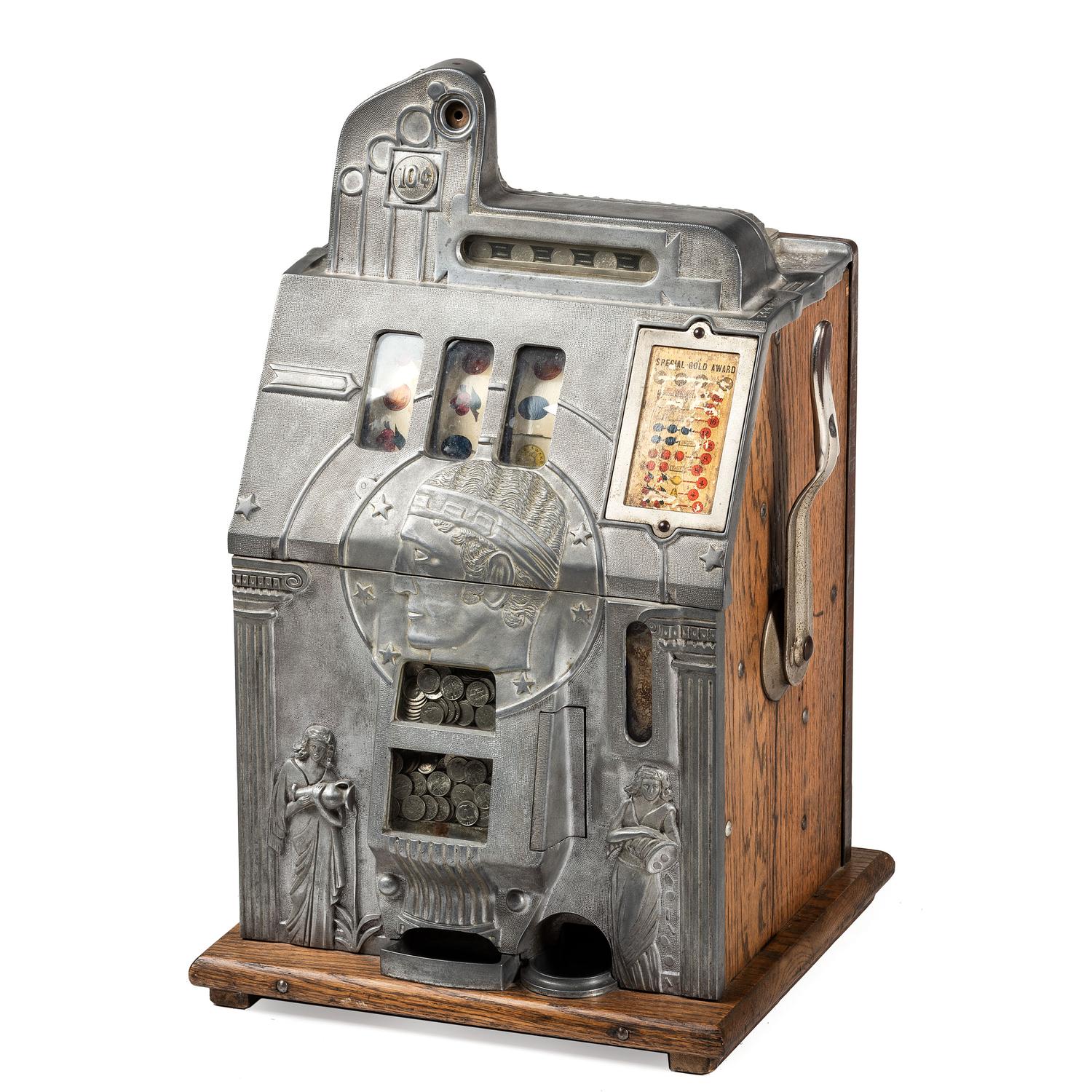 A Mills Novelty Co. 10 Cent Roman Head Slot Machine