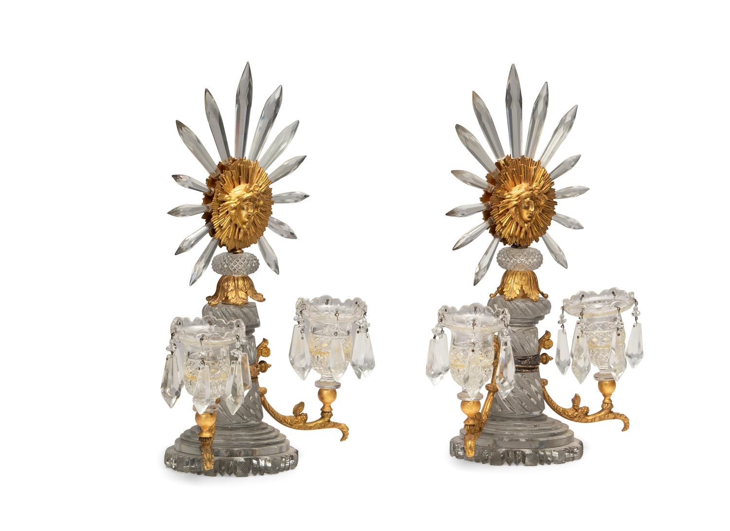 A Pair of Regency Gilt Bronze and Cut Glass Twin-Light Candelabra