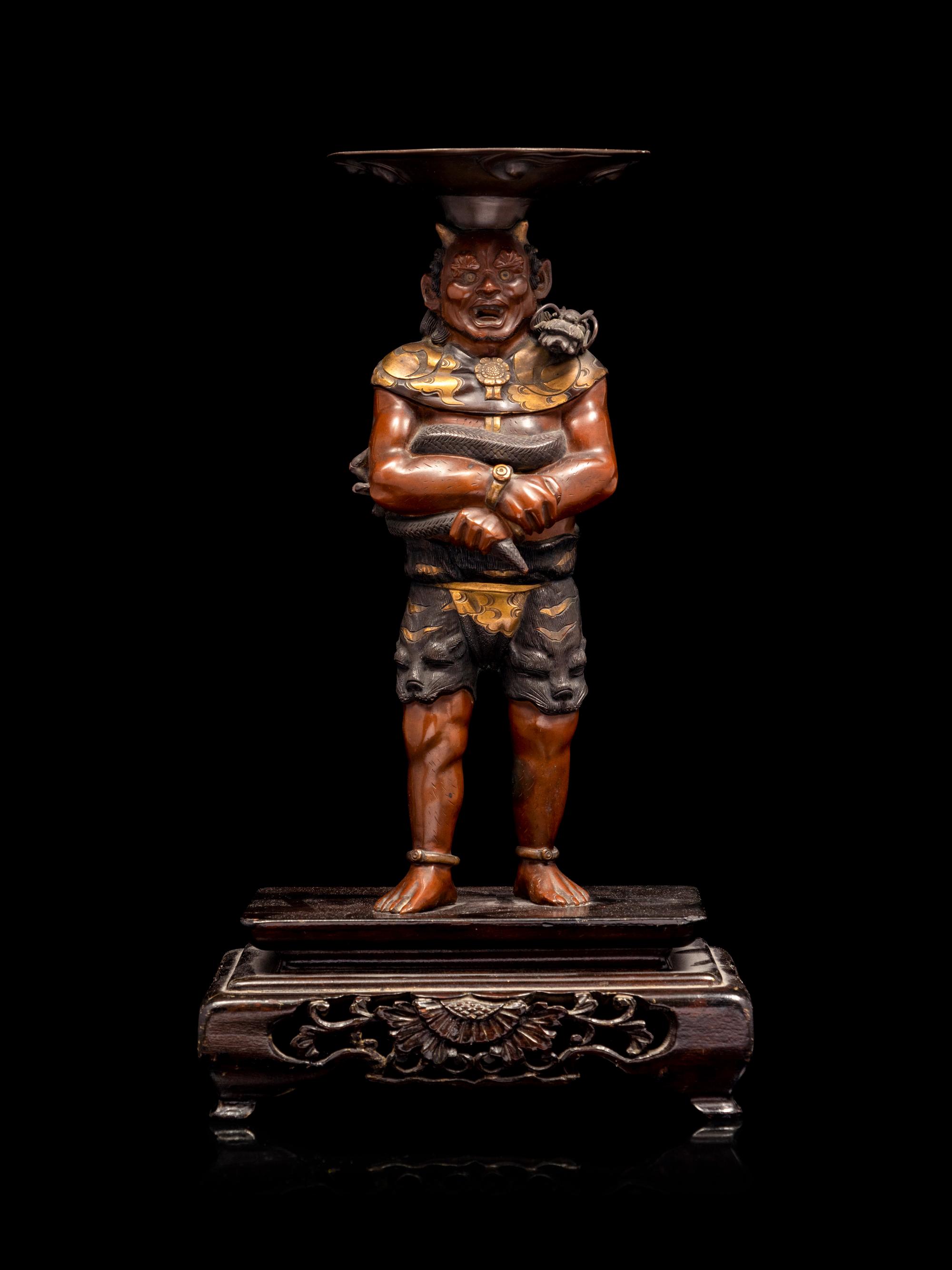 A Patinated and Gilt Bronze Figure of Oni