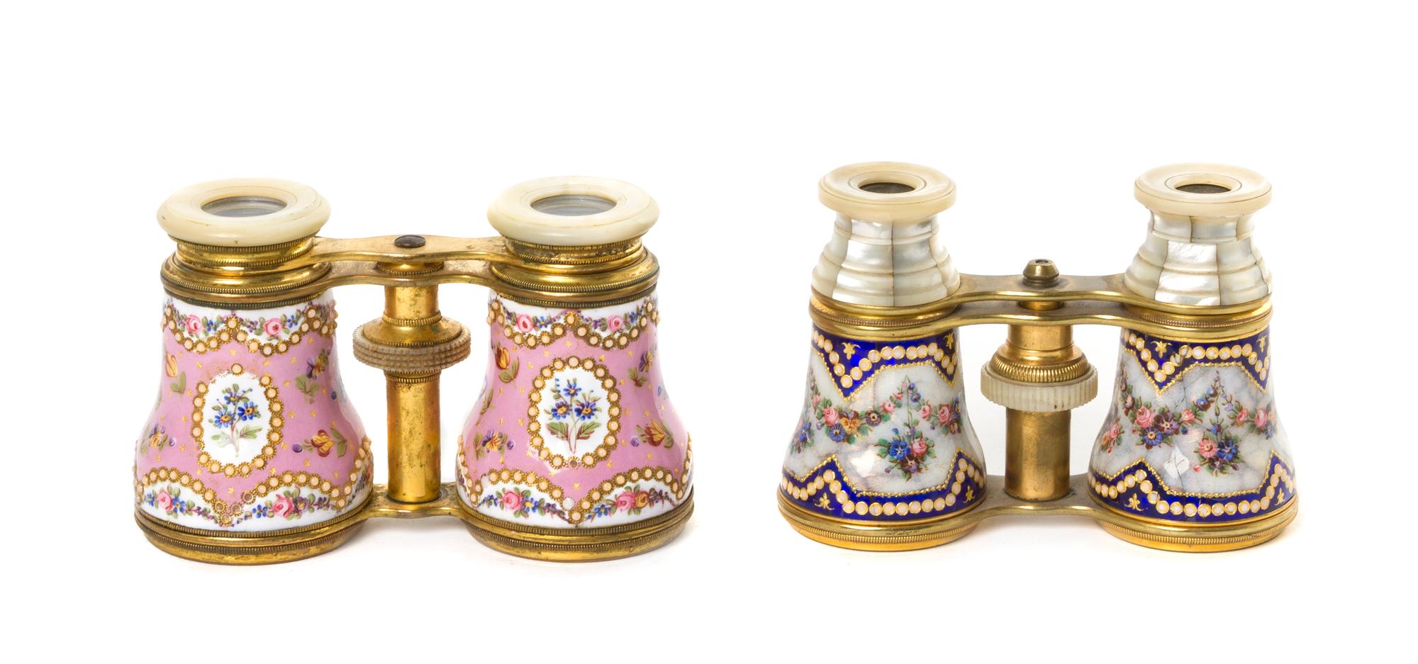Two Pairs of Continental Enameled Opera Glasses, Width of first 4 3/8 inches.