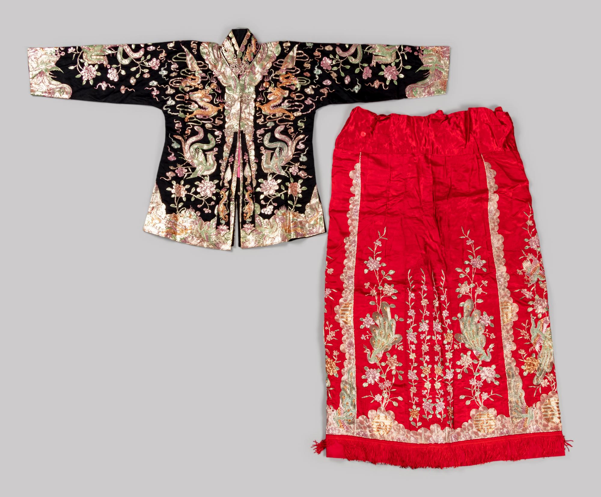 Two Sets of Embroidered Silk Wedding Gowns