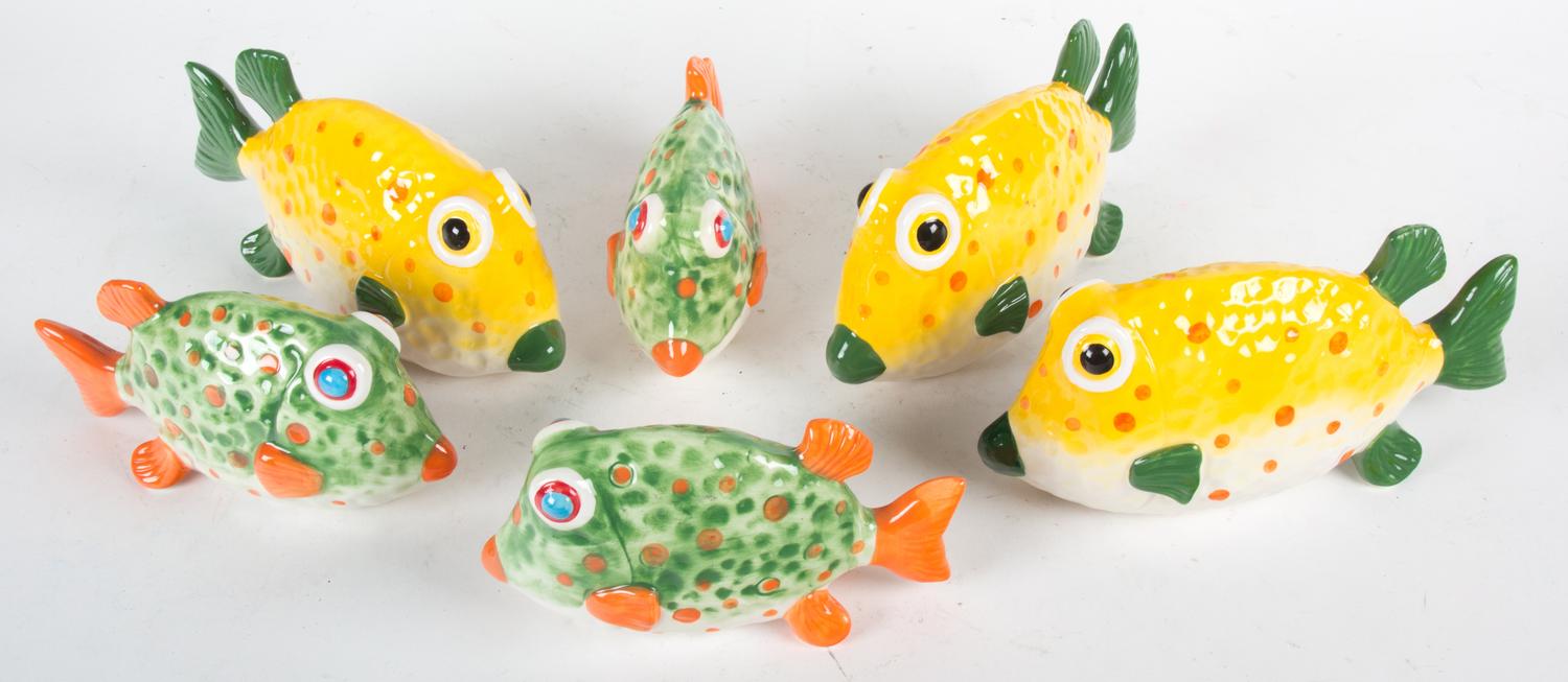 Six Glazed Pottery Fish Length of largest 10 inches.