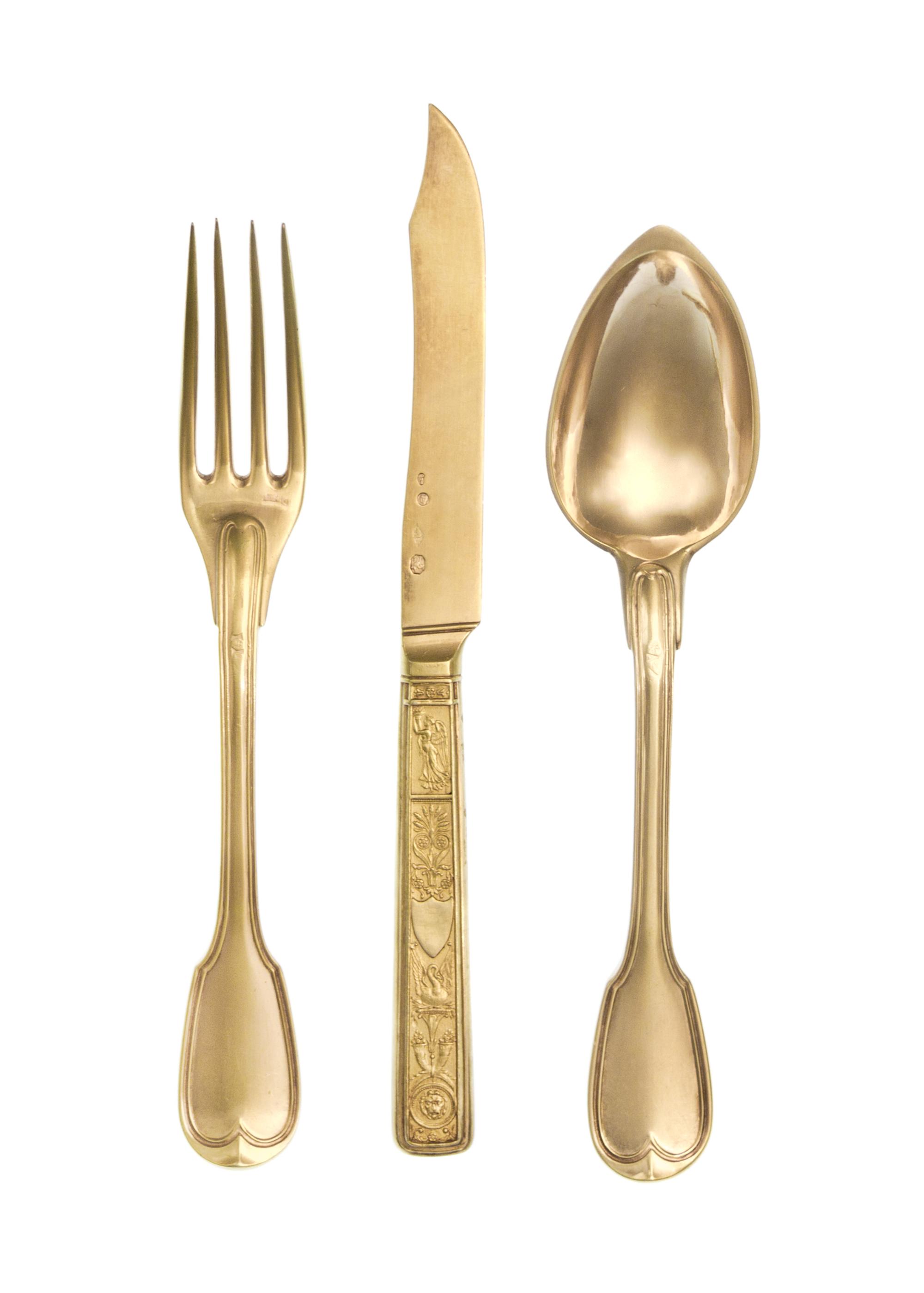 An Important Empire Silver-Gilt Flatware Service, Francois-Dominique Naudin and Martin Guillaume Biennais, Paris, Circa 1804-1814, comp